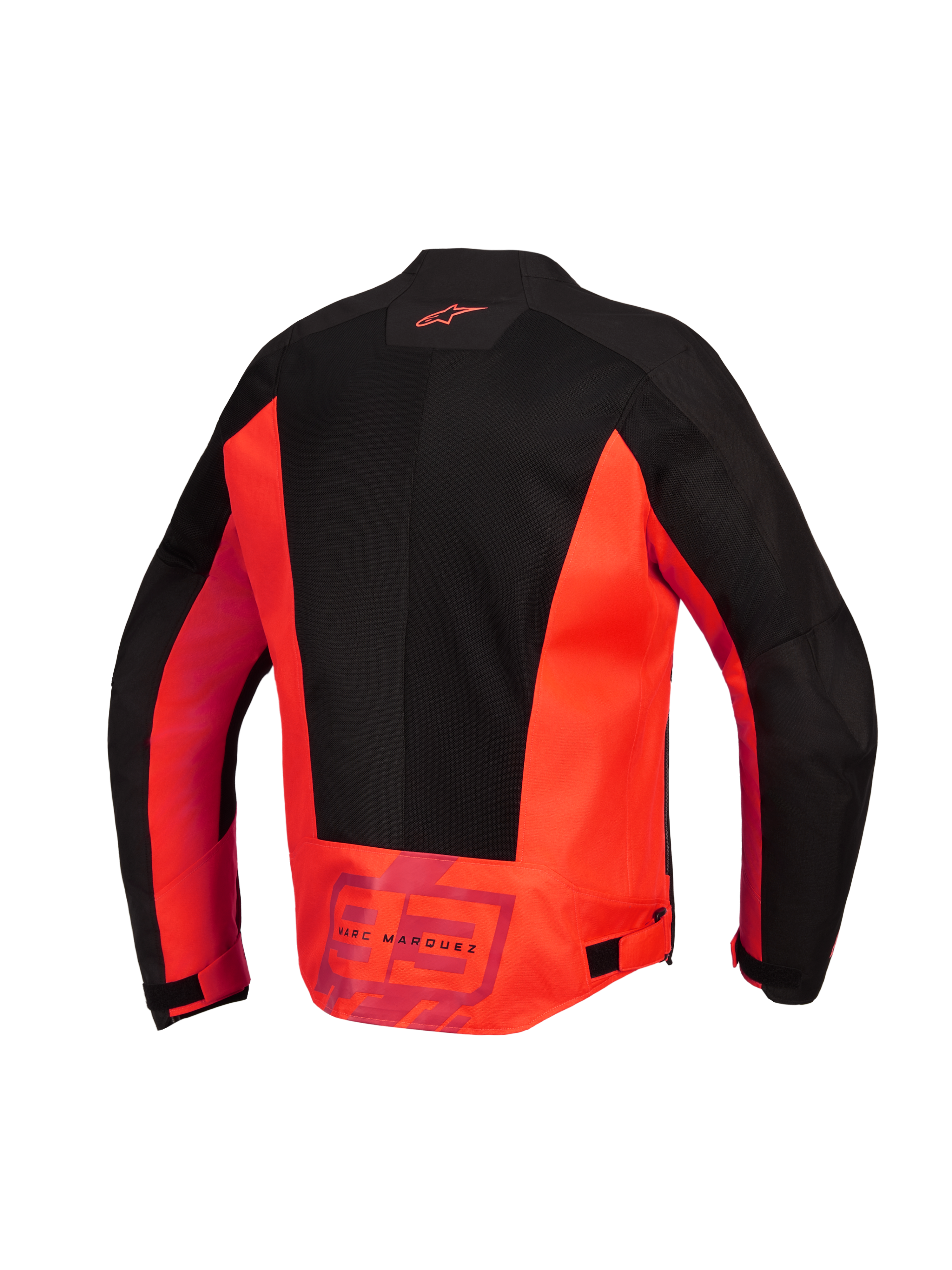 Alpinestars MM93 C-1 Air Jacket, achteraanzicht, fluorood en zwart, textiele motorjas met grote tech mesh panelen, Alpinestars logo op de bovenrug en 'MM93 Marc Marquez' branding op de onderrug, verstelbare taillebanden