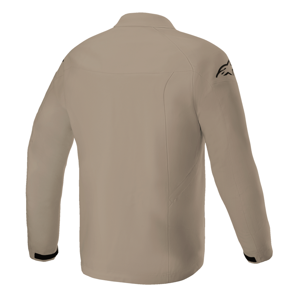 Alpinestars Aeron Jacket, Motorcycle Riding Jacket, Tan, Back view showing a minimalist urban design, breathable textile construction with a black logo on the shoulder and black accents on the cuffs
