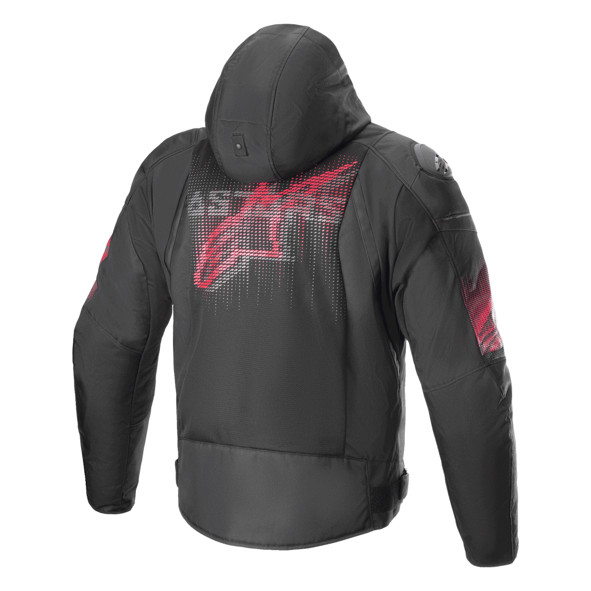 Alpinestars Zaca Air Venom WP Jas, zwart en felrood, achteraanzicht met een groot gestileerd rood logo op de rug, textiele motorjas met 3D mesh panelen, afneembare capuchon en DFS Lite schoudersliders, sportieve motorrijkleding