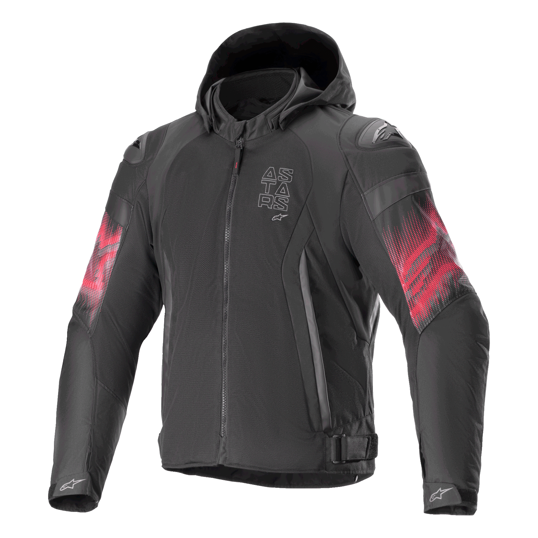 Alpinestars Zaca Air Venom WP Jacket, textiele motorjas, zwart en felrood, rode gradiënt graphics op de mouwen, verticaal ASTARS-logo op de borst, ontwerp met capuchon en mesh-constructie voor ventilatie, sportieve motorkleding