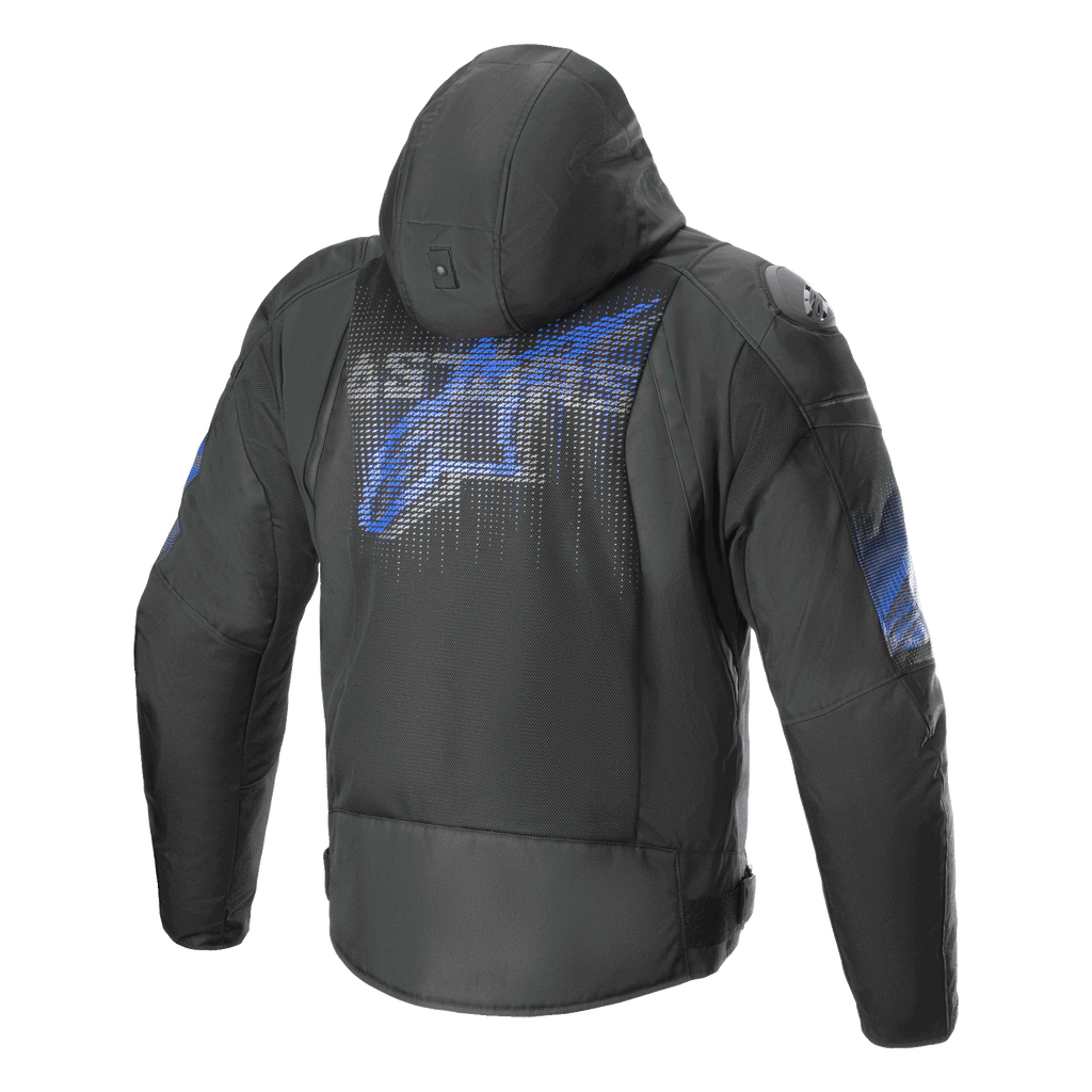Alpinestars Zaca Air Venom Waterdichte Jas, heren motorjas met capuchon, achteraanzicht, zwart en elektrisch blauw, 3D-mesh ventilatie en CE-gecertificeerde bescherming