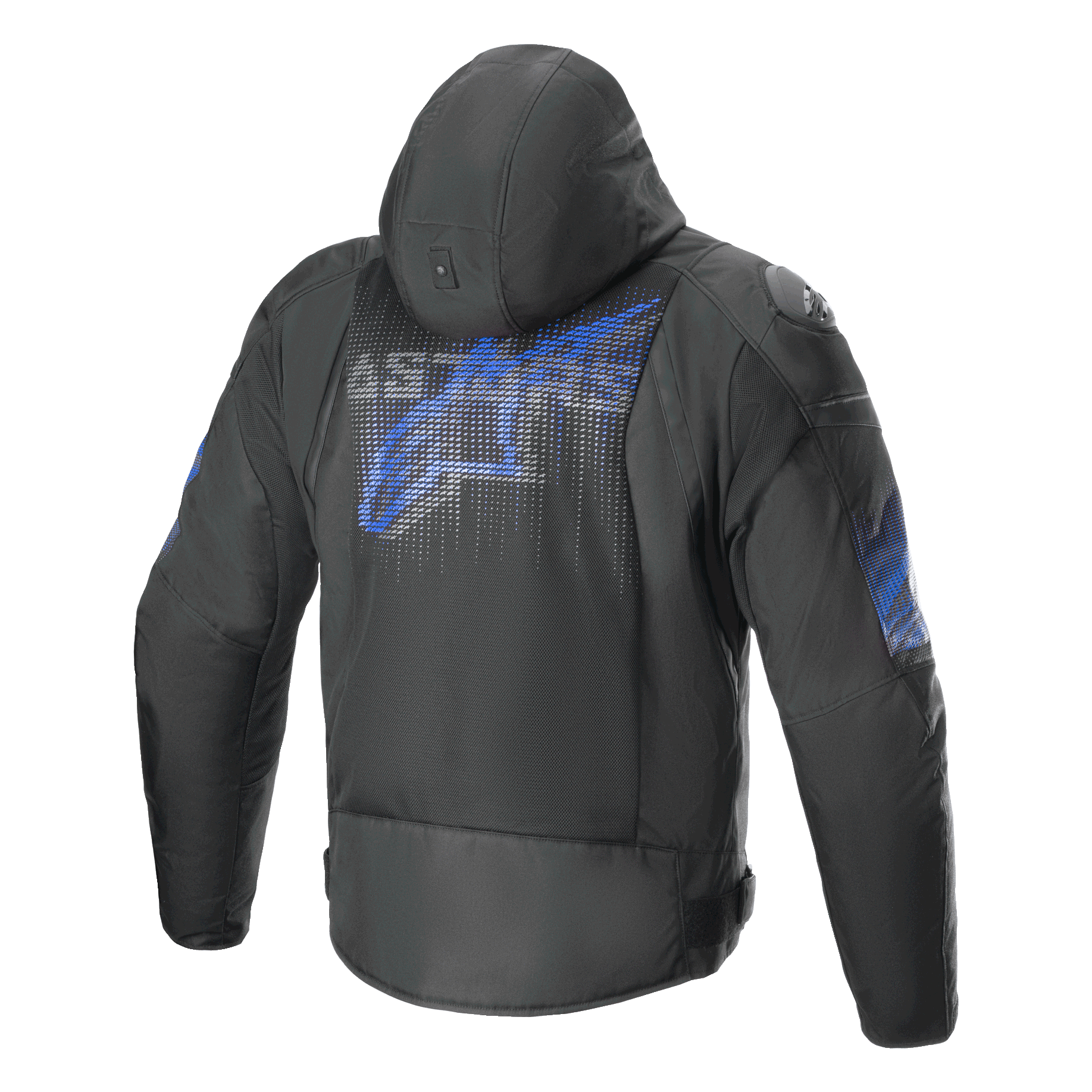 Alpinestars Zaca Air Venom Waterdichte Jas, heren motorjas met capuchon, achteraanzicht, zwart en elektrisch blauw, 3D-mesh ventilatie en CE-gecertificeerde bescherming
