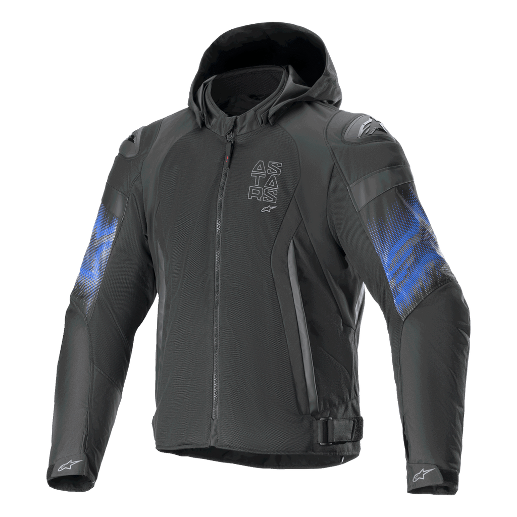 Alpinestars Zaca Air Venom waterdichte motorjas, zwart en blauw, met capuchon, CE-gecertificeerd, textiel