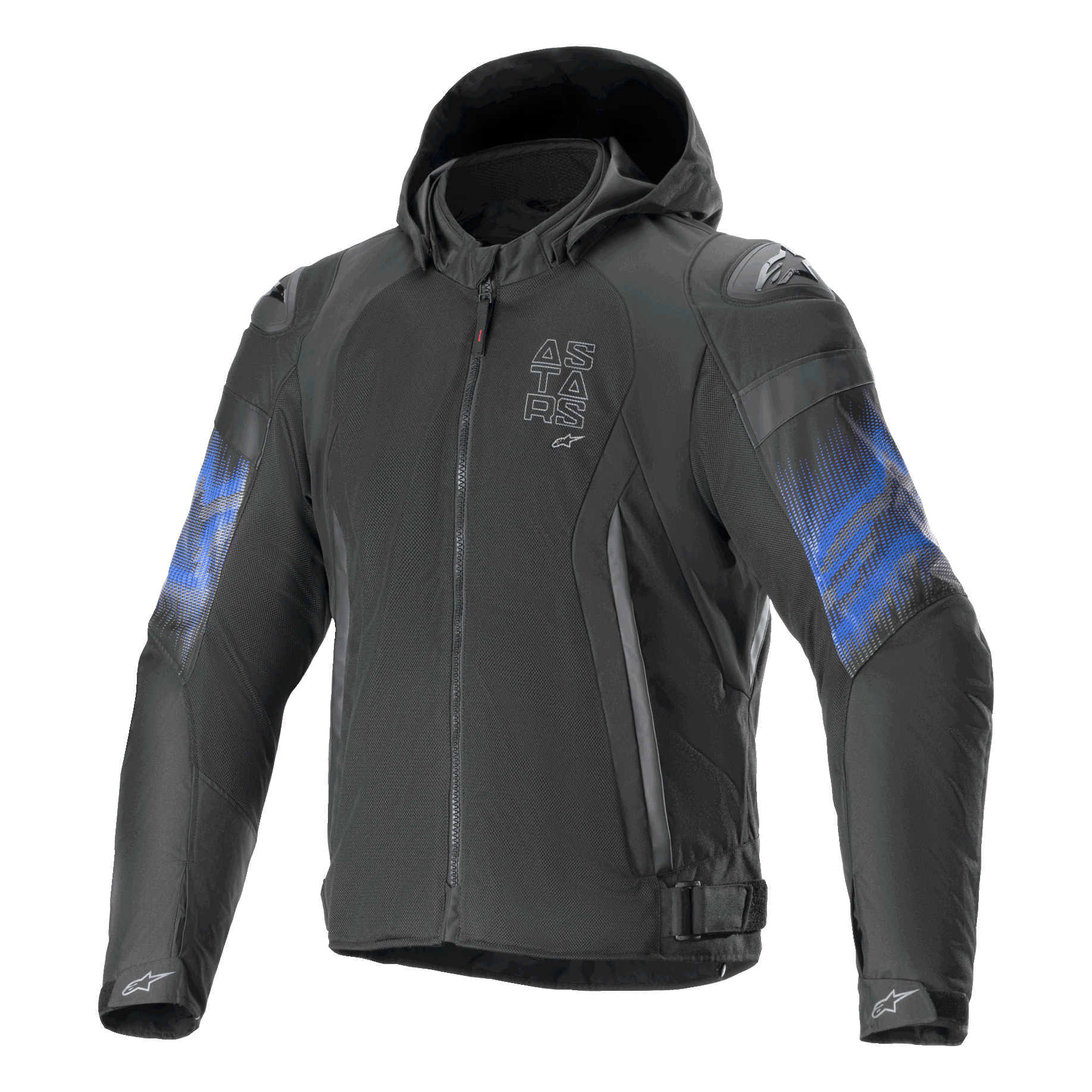 Alpinestars Zaca Air Venom waterdichte motorjas, zwart en blauw, met capuchon, CE-gecertificeerd, textiel