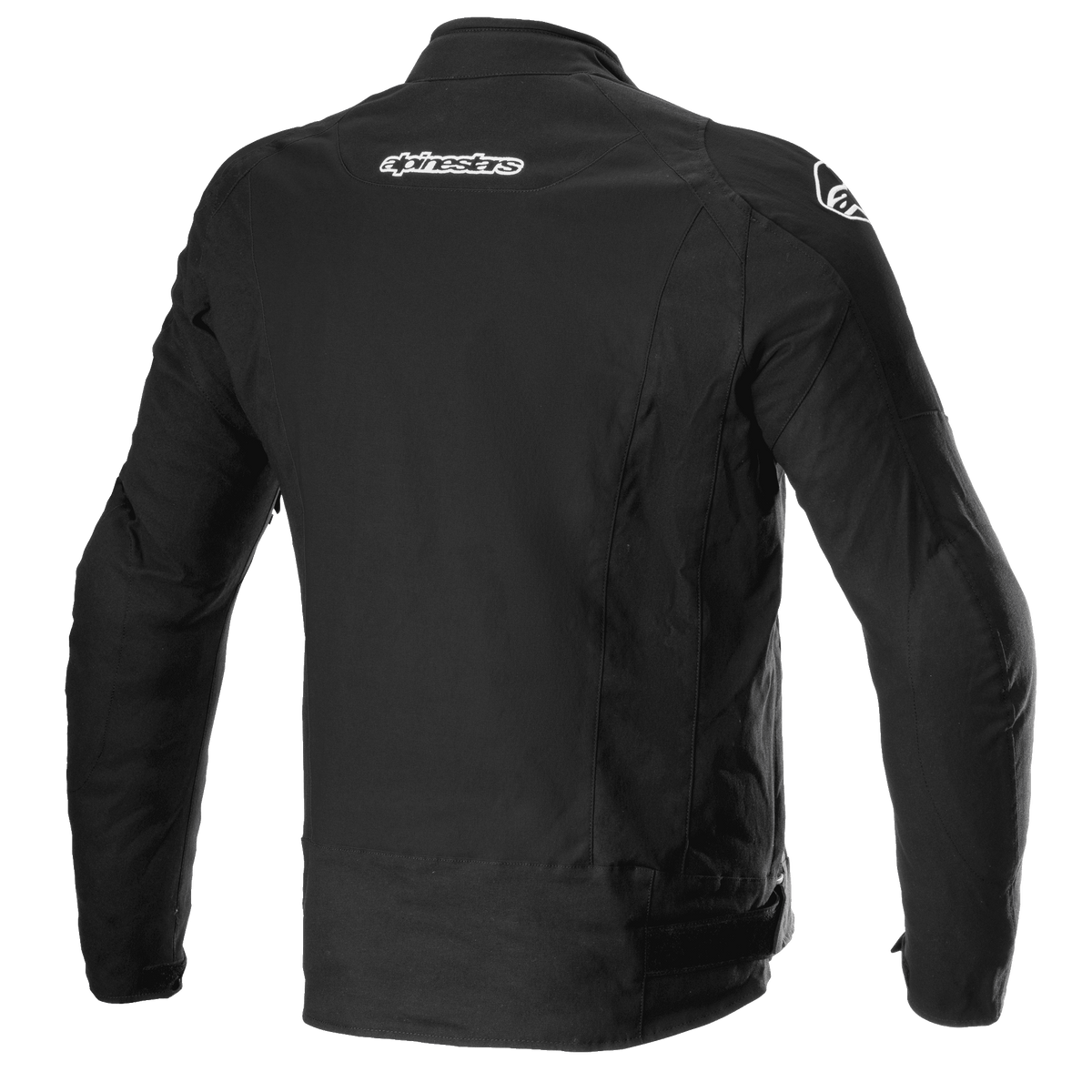 Alpinestars T-GP Force Jacket, textiele motorjas, zwart, achteraanzicht met Alpinestars-branding op de bovenrug en schouders, gestroomlijnd sportief getailleerd design.