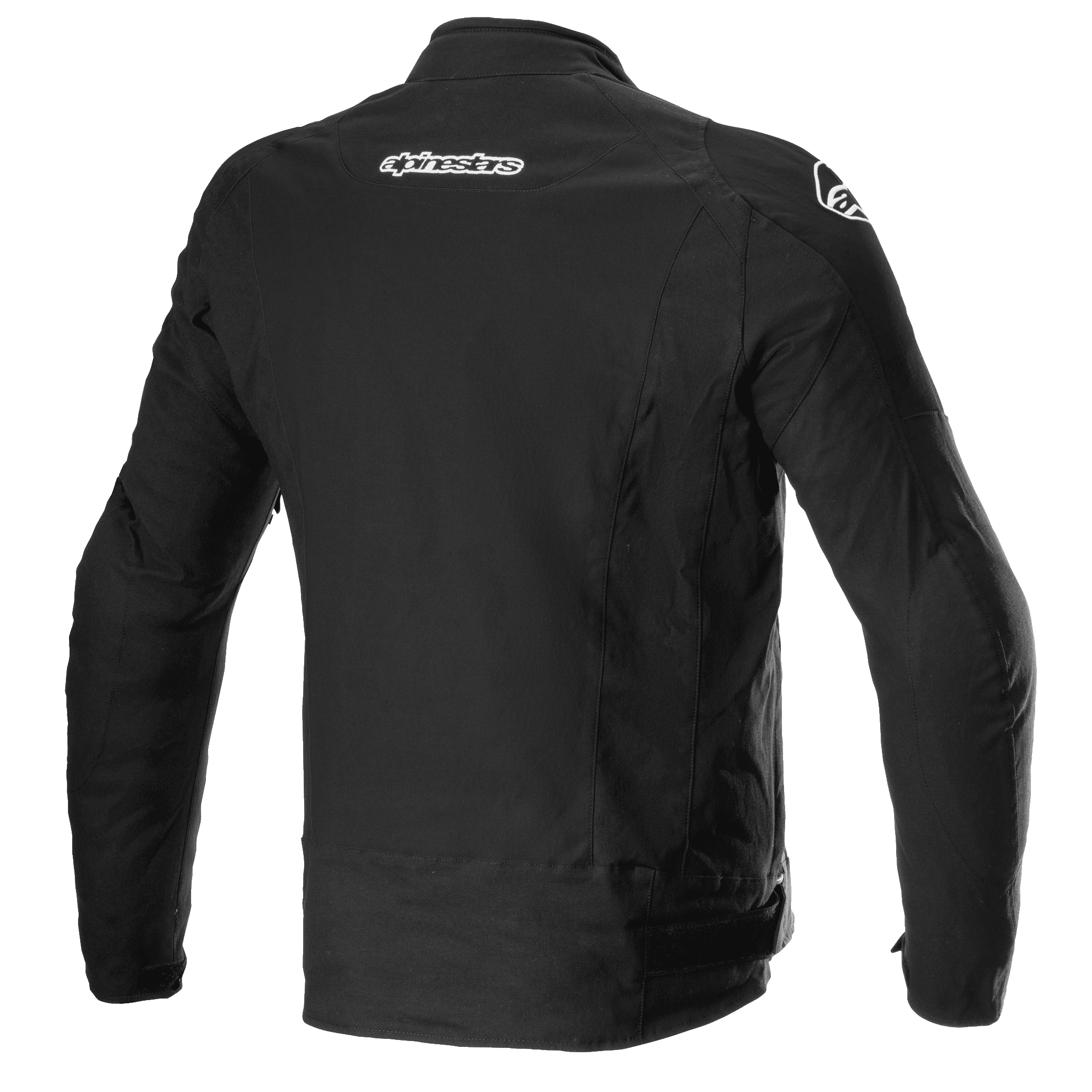 Alpinestars T-GP Force Jacket, textiele motorjas, zwart, achteraanzicht met Alpinestars-branding op de bovenrug en schouders, gestroomlijnd sportief getailleerd design.
