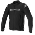Alpinestars T-GP Force motorjas, zwarte textiele motorjas met witte logo's op de borst en schouders, volledige ritssluiting aan de voorkant, hoge kraag, voorgevormde mouwen, sportieve pasvorm voor weggebruik
