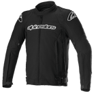 Alpinestars T-GP Force motorjas, zwarte textiele motorjas met witte logo's op de borst en schouders, volledige ritssluiting aan de voorkant, hoge kraag, voorgevormde mouwen, sportieve pasvorm voor weggebruik