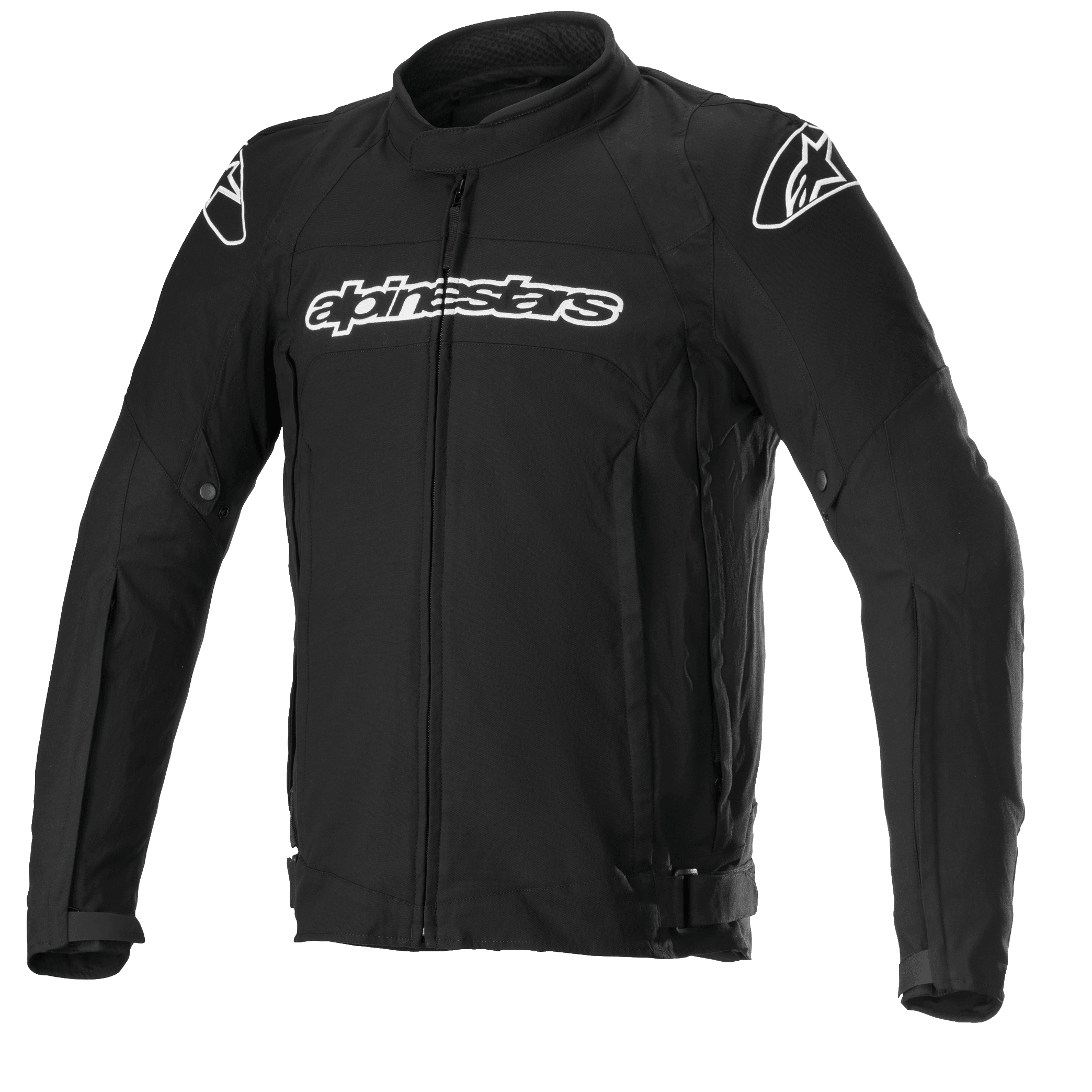 Alpinestars T-GP Force motorjas, zwarte textiele motorjas met witte logo's op de borst en schouders, volledige ritssluiting aan de voorkant, hoge kraag, voorgevormde mouwen, sportieve pasvorm voor weggebruik