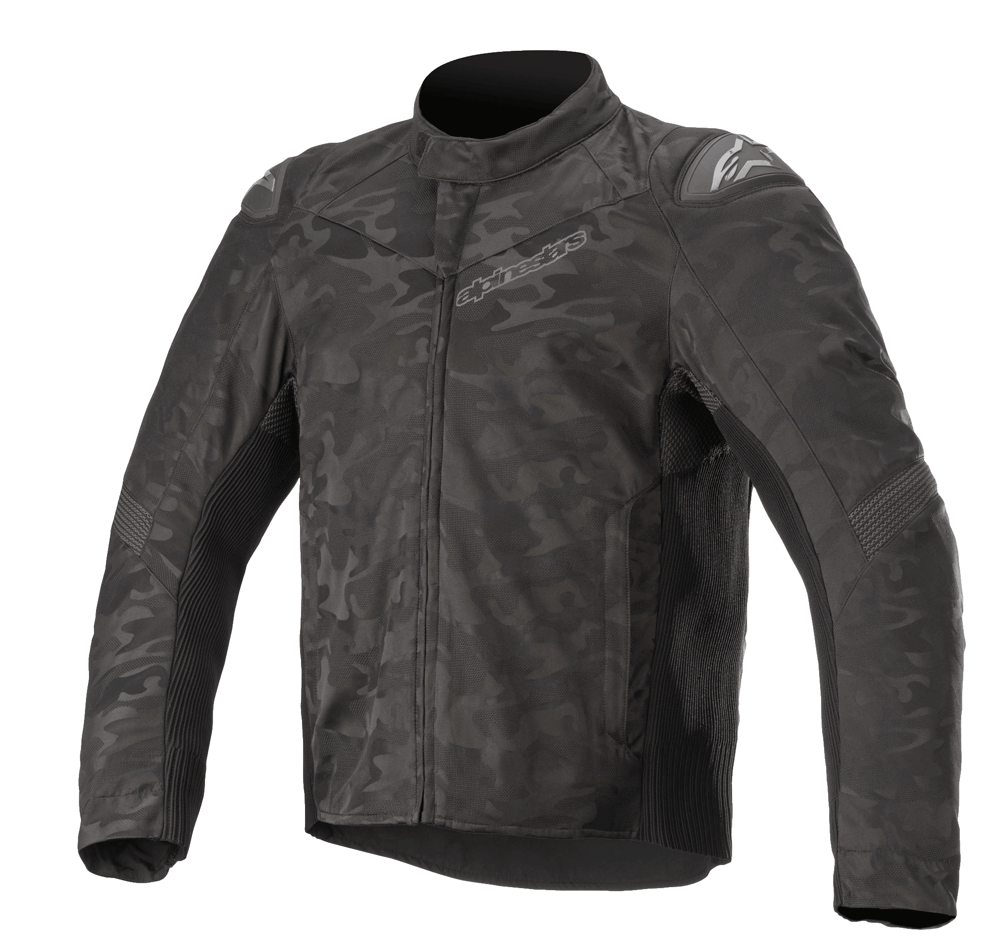 Alpinestars T SP-5 Rideknit® Textieljas, motorjas, Black Camo, donker camouflagepatroon, geribbelde gebreide panelen voor stretch, externe schoudersliders, hoge kraag, gestroomlijnde sportieve pasvorm
