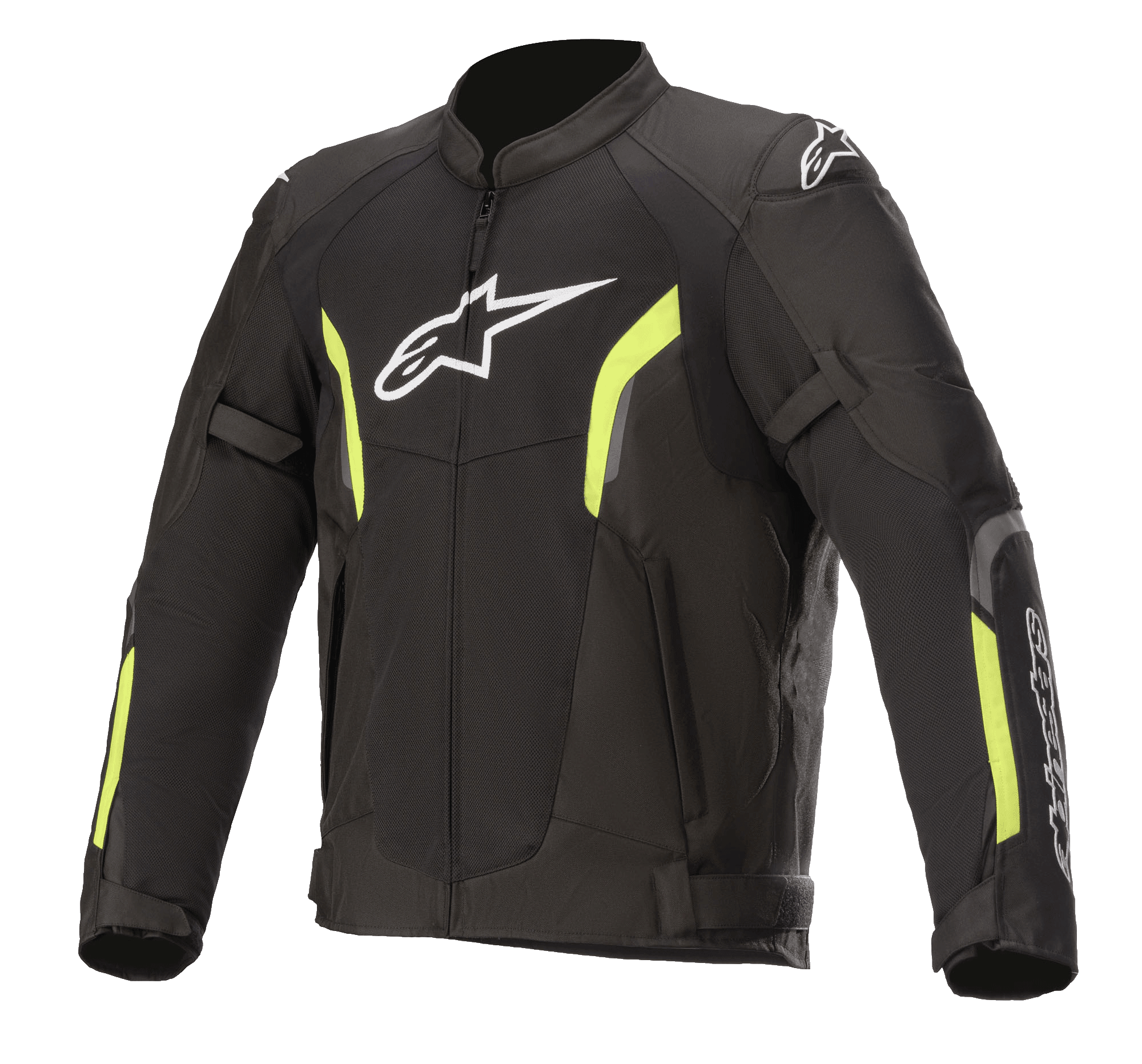 Alpinestars AST V2 Air Jacket, mesh motorjas, zwart en fluorescerend geel, wit Astars-logo op de borst, grote mesh-panelen voor ventilatie, fluorescerend gele accenten op mouwen en borst, verstelbare bandjes voor een sportieve, beschermende pasvorm