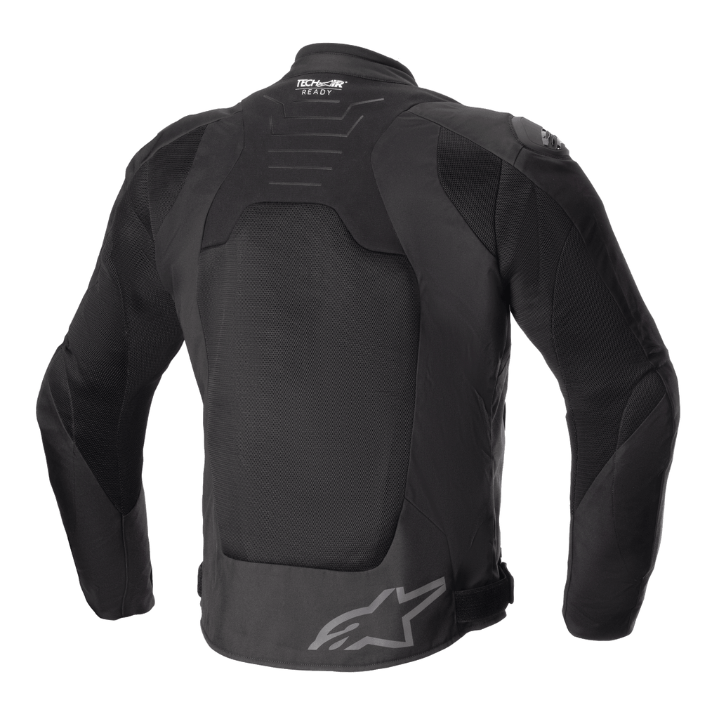 Alpinestars SMX Air Jas, zwart, achteraanzicht, met grote tech mesh-panelen voor ventilatie, Tech-Air Ready-branding op de bovenrug, Alpinestars-sterlogo op de onderrug, sportieve textiele motorjas.