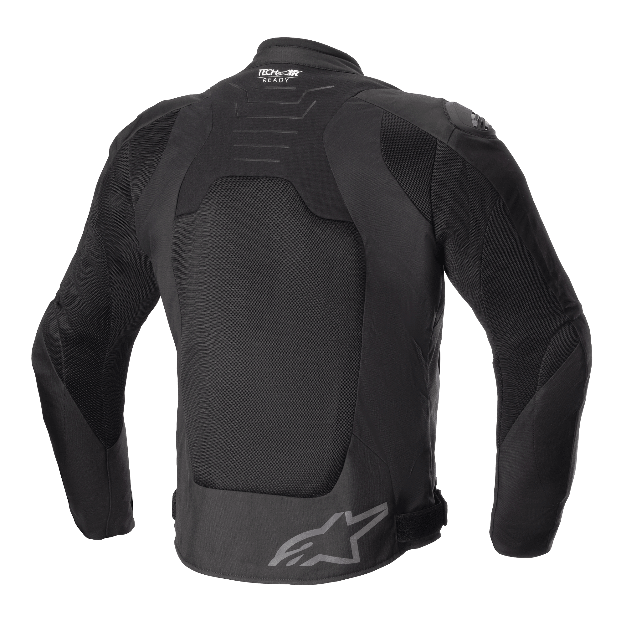 Alpinestars SMX Air Jas, zwart, achteraanzicht, met grote tech mesh-panelen voor ventilatie, Tech-Air Ready-branding op de bovenrug, Alpinestars-sterlogo op de onderrug, sportieve textiele motorjas.