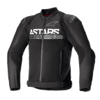Alpinestars SMX Air Jacket, zwarte textiele motorjas, voorzien van mesh ventilatiepanelen, opvallende witte ASTARS-branding op de borst, DFS Lite externe schoudersliders en een ritssluiting aan de voorzijde in een nauwsluitend race-ontwerp.