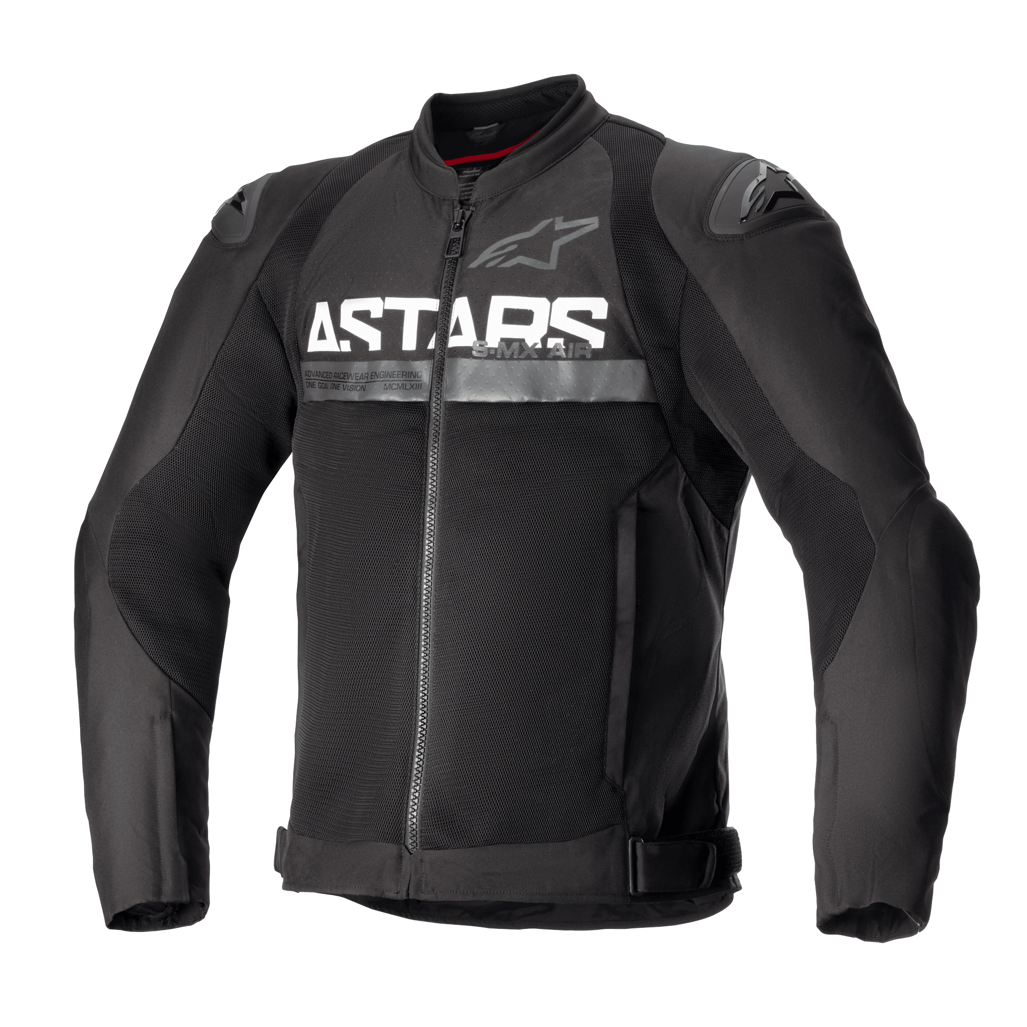 Alpinestars SMX Air Jacket, zwarte textiele motorjas, voorzien van mesh ventilatiepanelen, opvallende witte ASTARS-branding op de borst, DFS Lite externe schoudersliders en een ritssluiting aan de voorzijde in een nauwsluitend race-ontwerp.