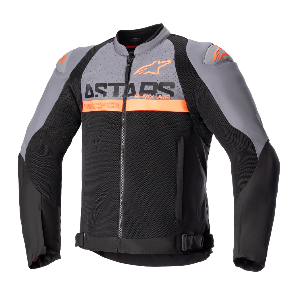 Alpinestars SMX Air Jacket, Motorcycle Sport Jacket, Dark Gray and Black with Orange Fluo accents, featuring perforated tech mesh panels and bold ASTARS branding on the chest, long sleeves, front zipper, and adjustable waist straps, technical ventilated riding gear.