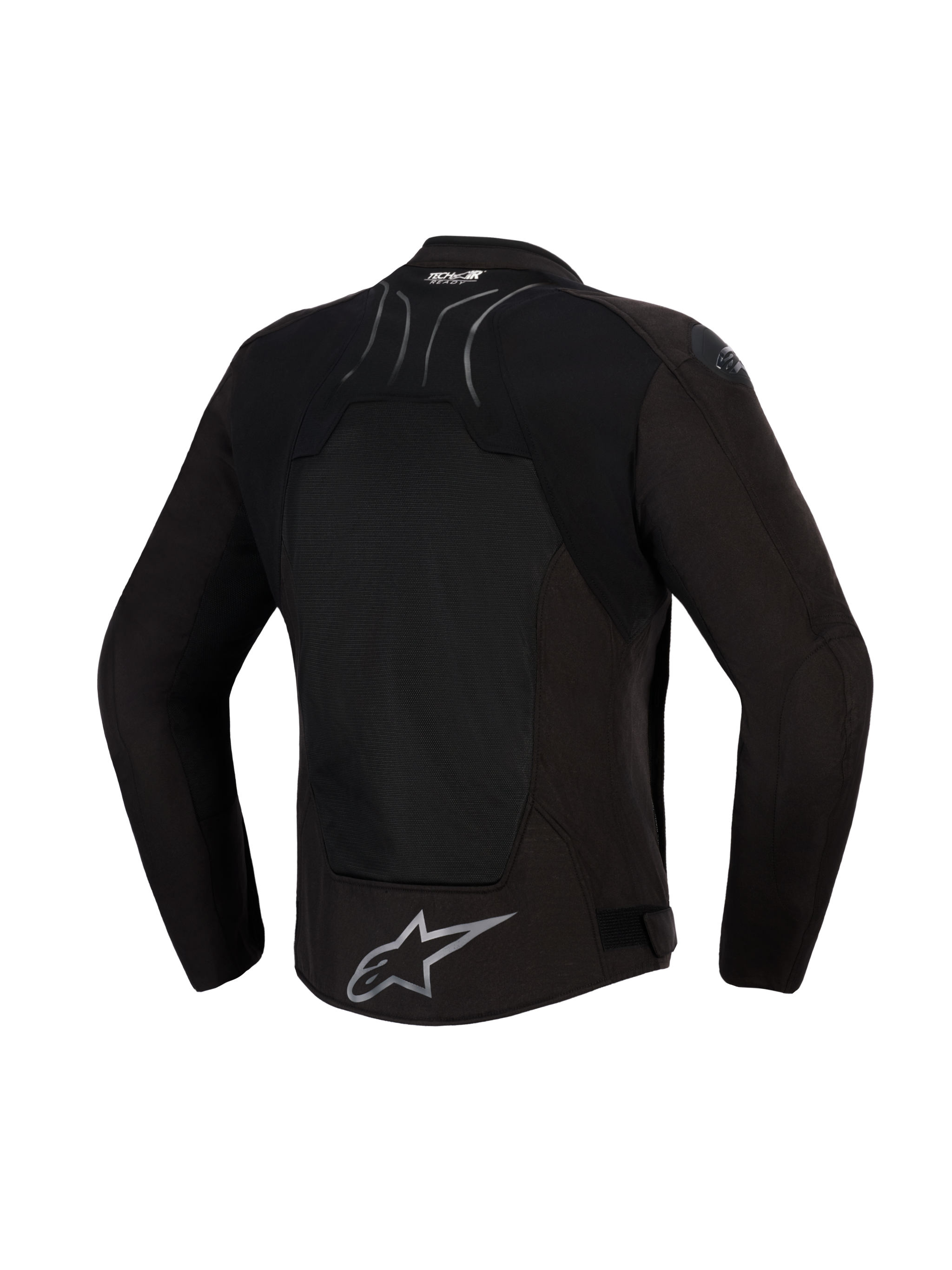 Alpinestars SMX Air Jacket, Black Anthracite, achteraanzicht, met een groot tech-mesh rugpaneel voor ventilatie, Tech-Air® Ready-branding op de bovenrug en zilveren Alpinestars-sterlogo op de onderste zoom, ontworpen voor sportief rijden in warm weer.