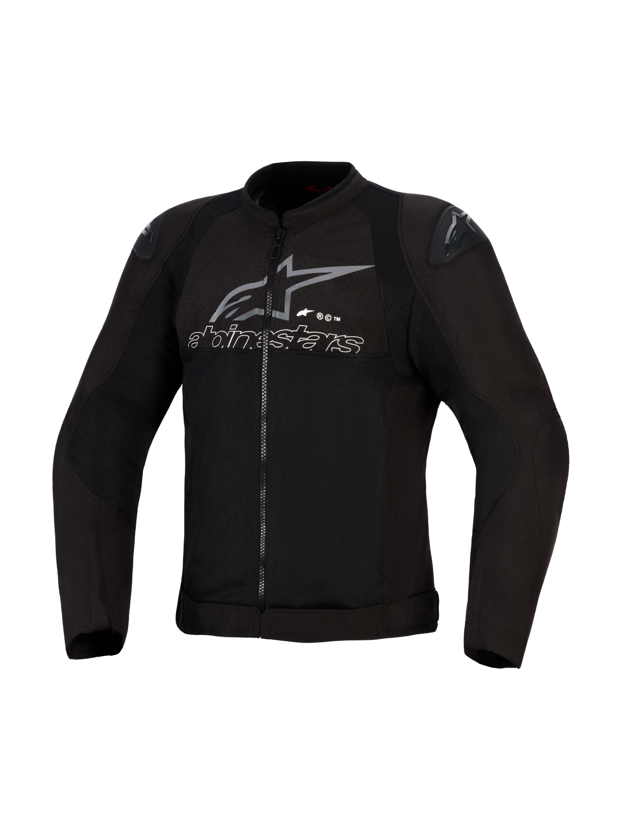 Alpinestars SMX Air Jacket, zwart en antraciet, geventileerde textiele motorjas, high-flow meshpanelen, DFS Lite schoudersliders, grijs Alpinestars logo en tekst op de borst