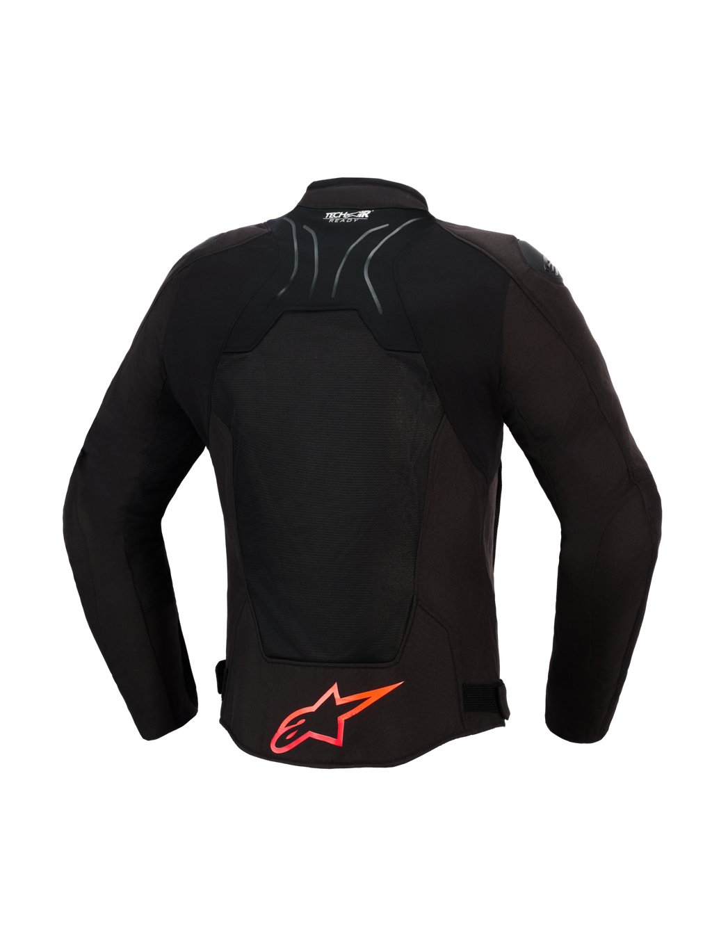 Alpinestars SMX Air Jacket, motorjas, zwart met felrode details, achteraanzicht met tech mesh-panelen voor luchtstroom, groot rood Alpinestars-logo op de onderrug, Tech-Air Ready-logo op de kraag, sportief ontwerp voor hoogwaardige ritten