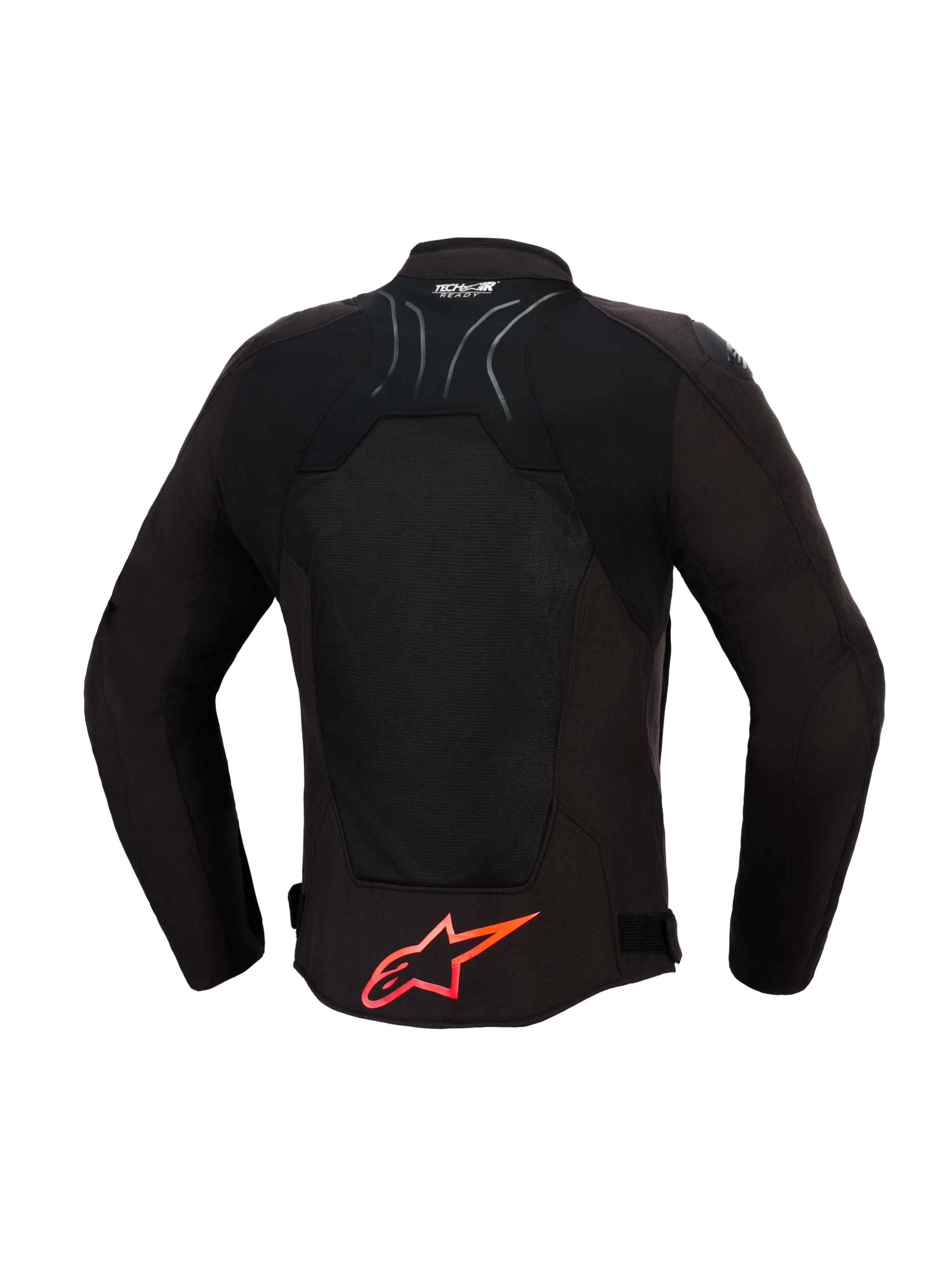 Alpinestars SMX Air Jacket, Motorcycle Jacket, Black with Bright Red details, back view showing tech mesh panels for airflow, large red Alpinestars logo on lower back, Tech-Air Ready logo on collar, sporty design for high-performance riding.