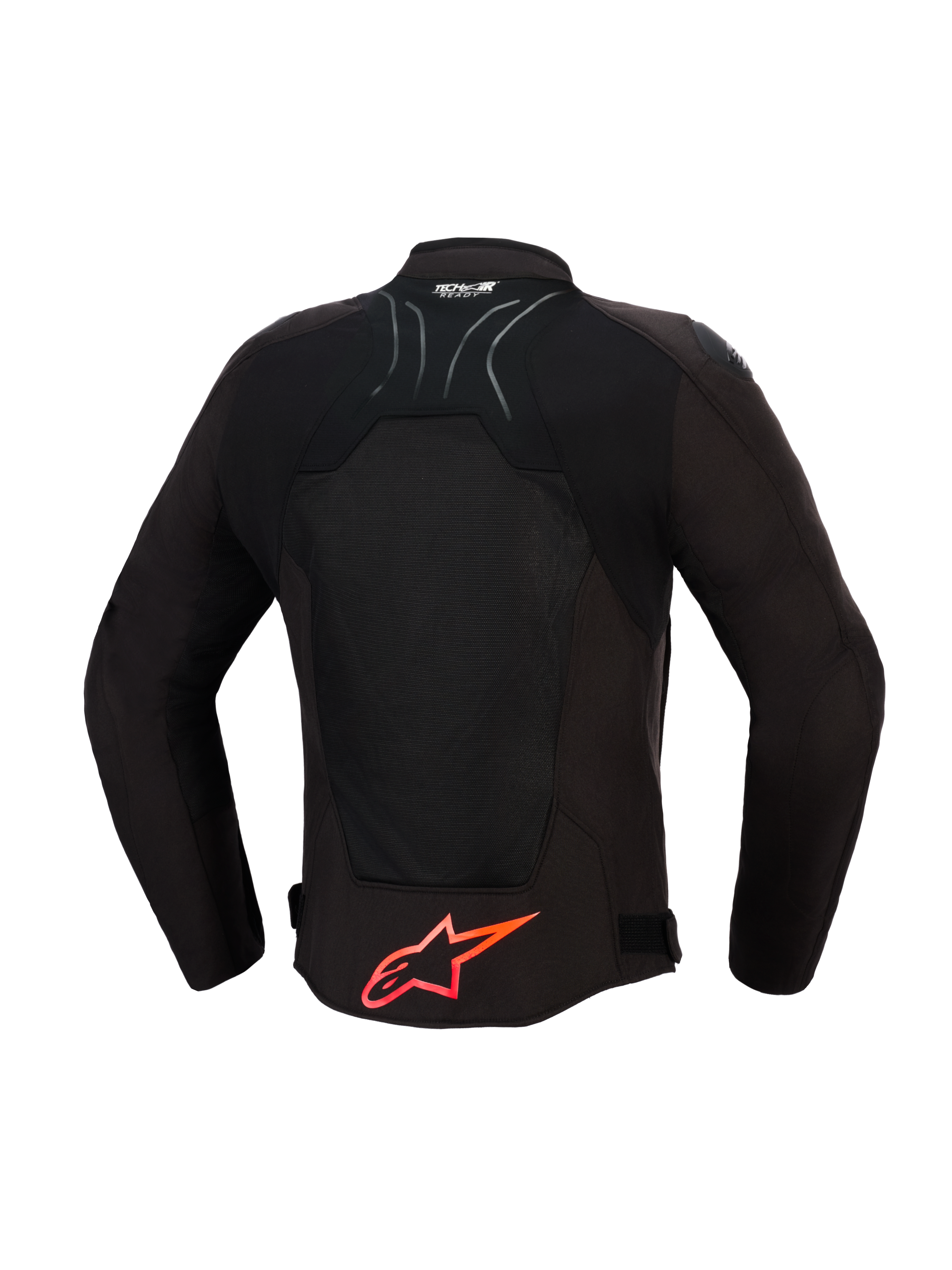 Alpinestars SMX Air Jacket, motorjas, zwart met felrode details, achteraanzicht met tech mesh-panelen voor luchtstroom, groot rood Alpinestars-logo op de onderrug, Tech-Air Ready-logo op de kraag, sportief ontwerp voor hoogwaardige ritten
