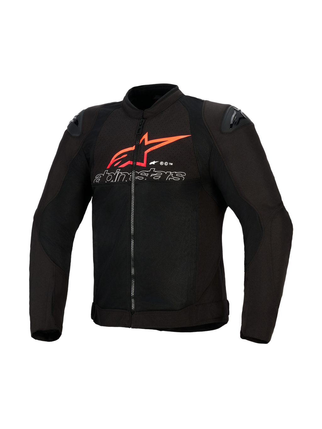Alpinestars SMX Air Jacket, motorjas, zwart met felrode en witte accenten, voorzien van een groot rood Alpinestars sterlogo en wit omlijnde tekst op de borst, mesh panelen met zwarte schoudersliders, sportieve motorkleding.