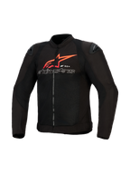 Alpinestars SMX Air Jacket, motorjas, zwart met felrode en witte accenten, voorzien van een groot rood Alpinestars sterlogo en wit omlijnde tekst op de borst, mesh panelen met zwarte schoudersliders, sportieve motorkleding.