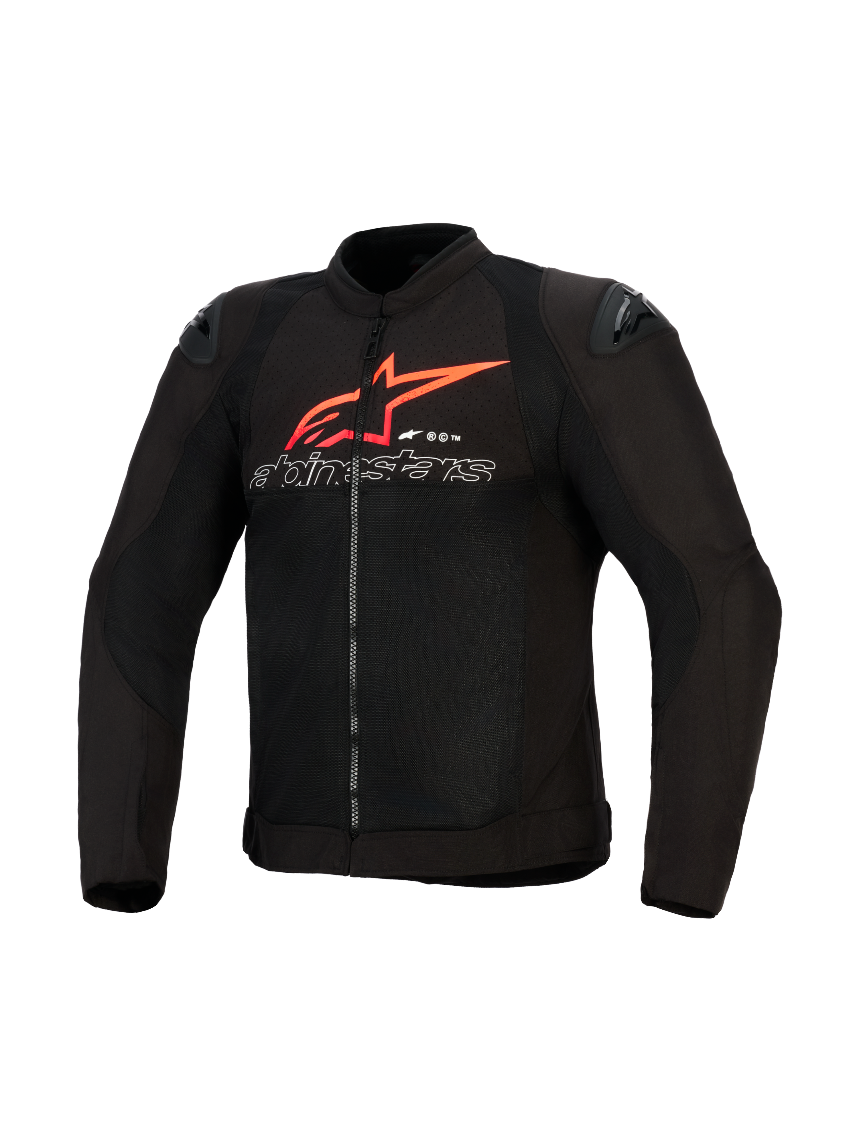 Alpinestars SMX Air Jacket, motorjas, zwart met felrode en witte accenten, voorzien van een groot rood Alpinestars sterlogo en wit omlijnde tekst op de borst, mesh panelen met zwarte schoudersliders, sportieve motorkleding.
