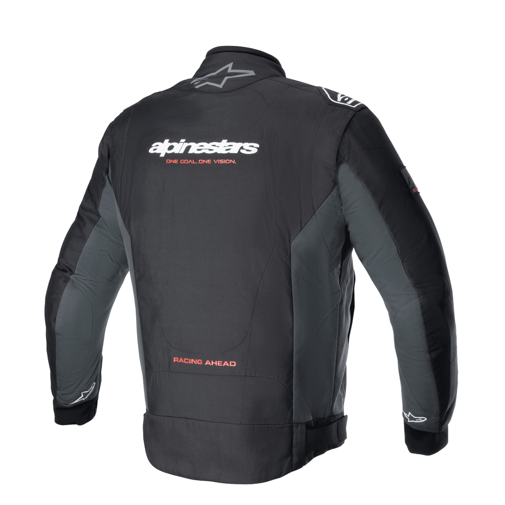 Alpinestars Monza Sport Jacket, Black Tar Gray textile motorcycle jacket shown from the back, featuring white branding with red 'ONE GOAL. ONE VISION.' slogan, gray side panels, and 'RACING AHEAD' text at the lower back