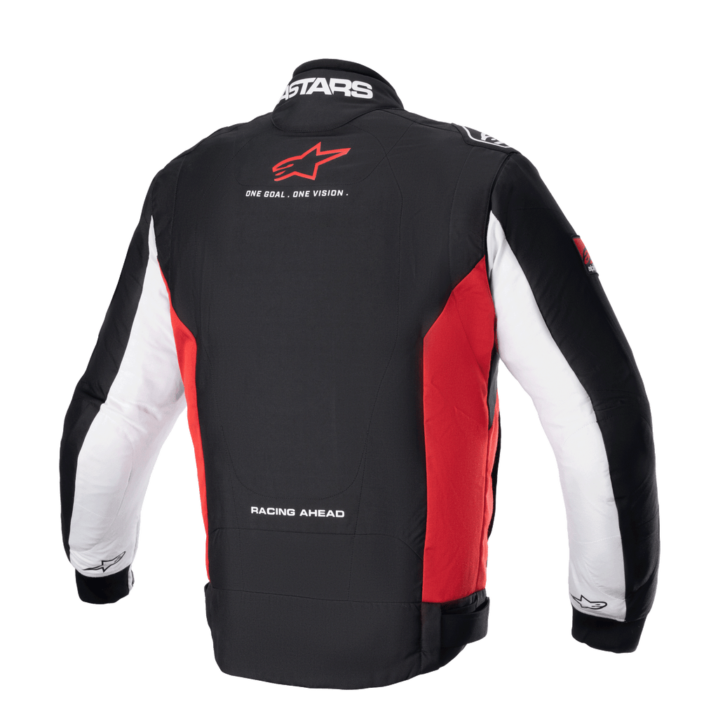 Alpinestars Monza Sport Jas, heren textiel motorjas, achteraanzicht in zwart, helder rood en wit met merkopdrukken