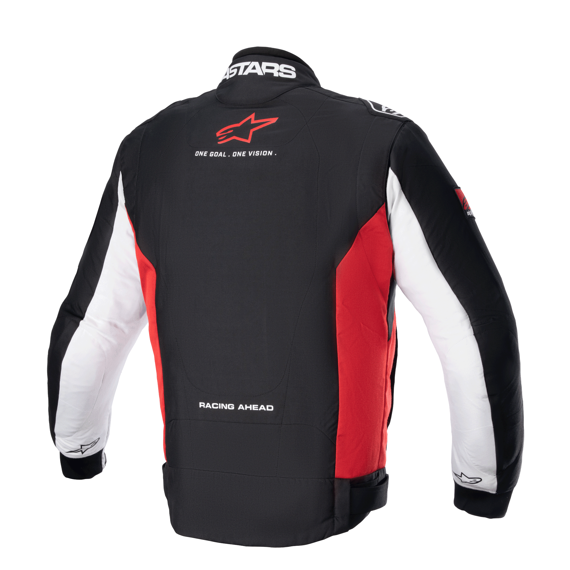 Alpinestars Monza Sport Jas, heren textiel motorjas, achteraanzicht in zwart, helder rood en wit met merkopdrukken