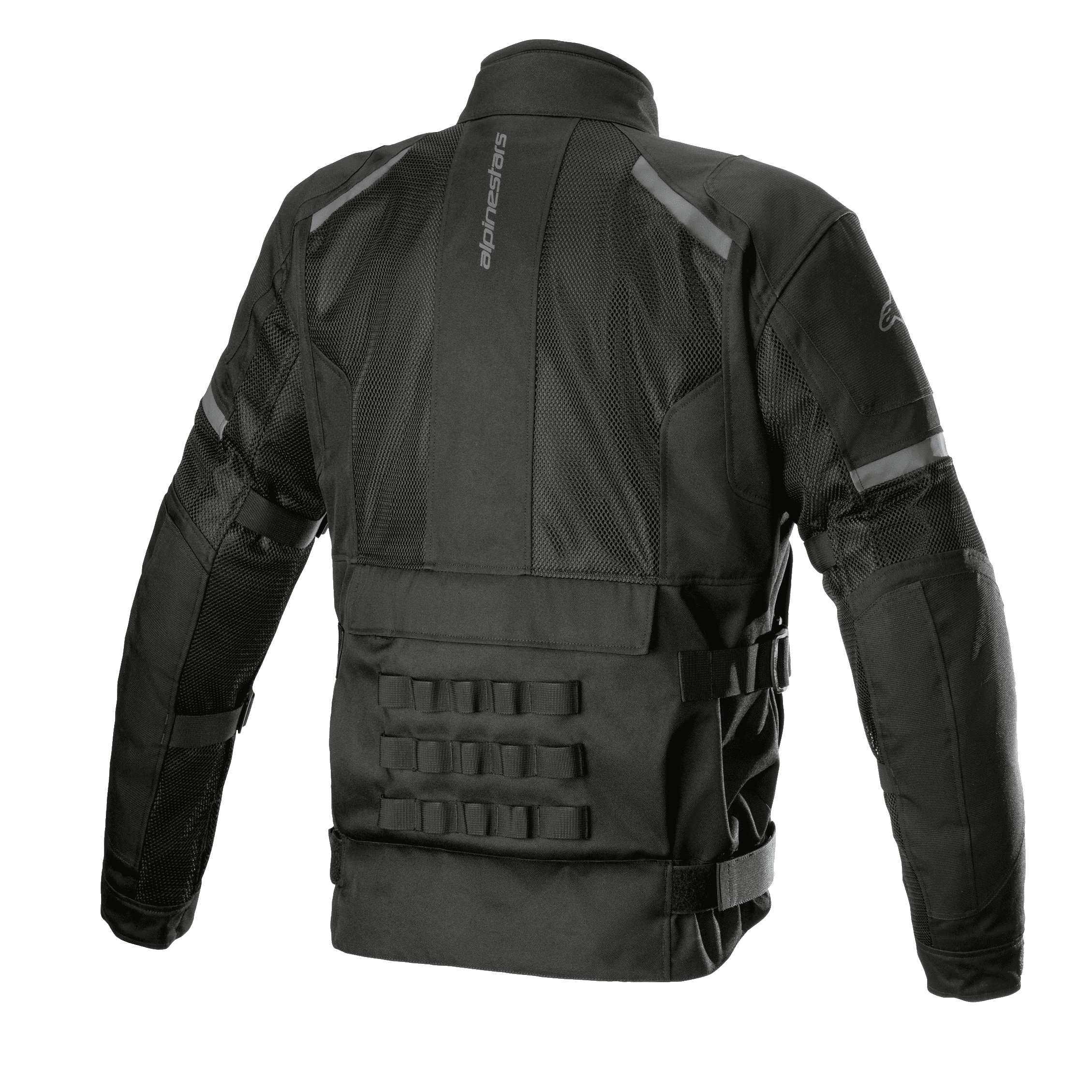 Alpinestars Crosshill Air Waterproof Jacket, zwart, achteraanzicht met grote tech-mesh panelen, verticaal Alpinestars-logo, PALS modulair verbindingssysteem op de onderrug en verstelbare taillebanden, duurzame motor-touringkleding