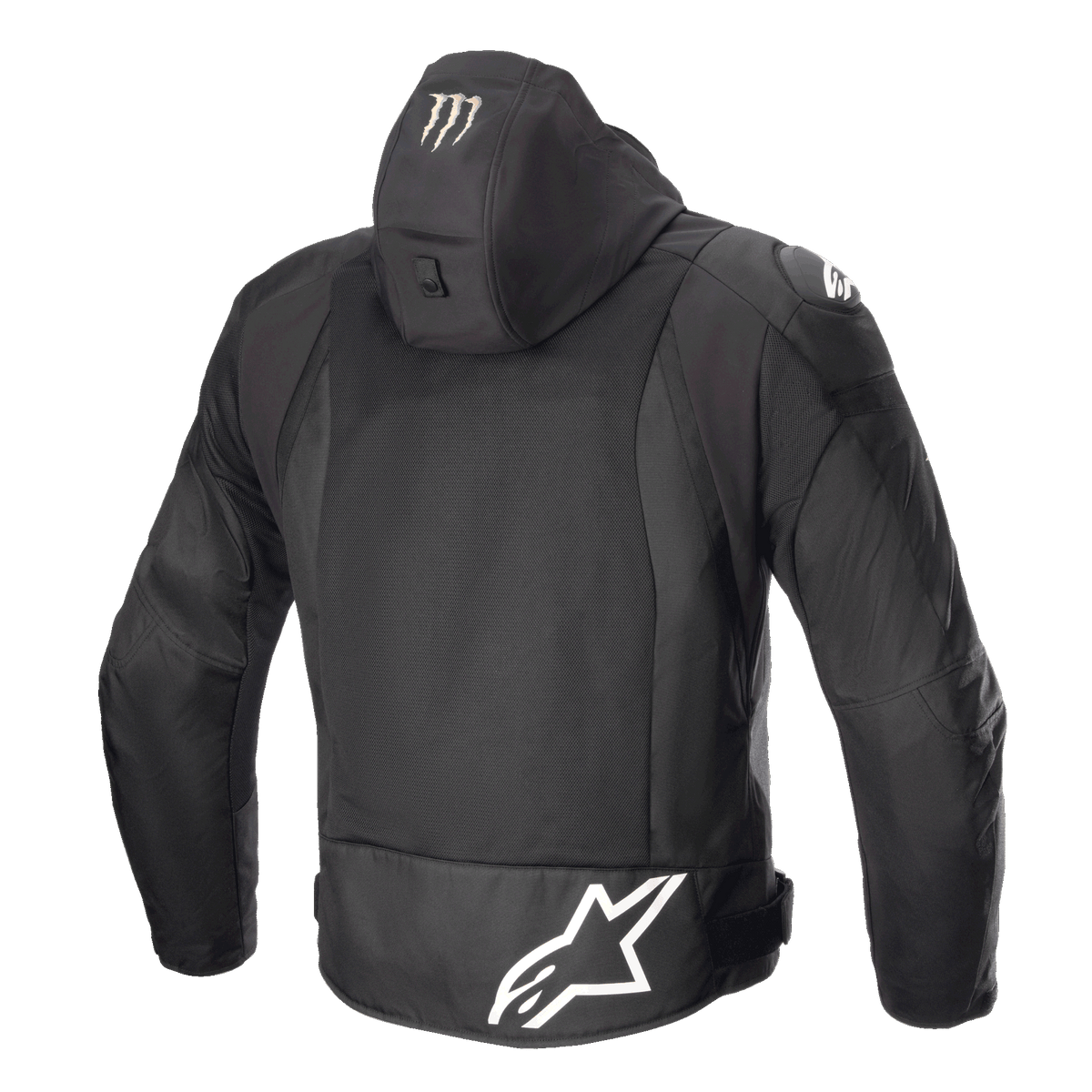 Alpinestars FQ20 Zaca Air Monster jas, textiele motorjas, zwart en wit, achteraanzicht met groot wit Alpinestars-logo op de onderrug, Monster Energy claw-logo op de capuchon, 3D-mesh ventilatiepanelen en DFS Lite schouder-sliders.