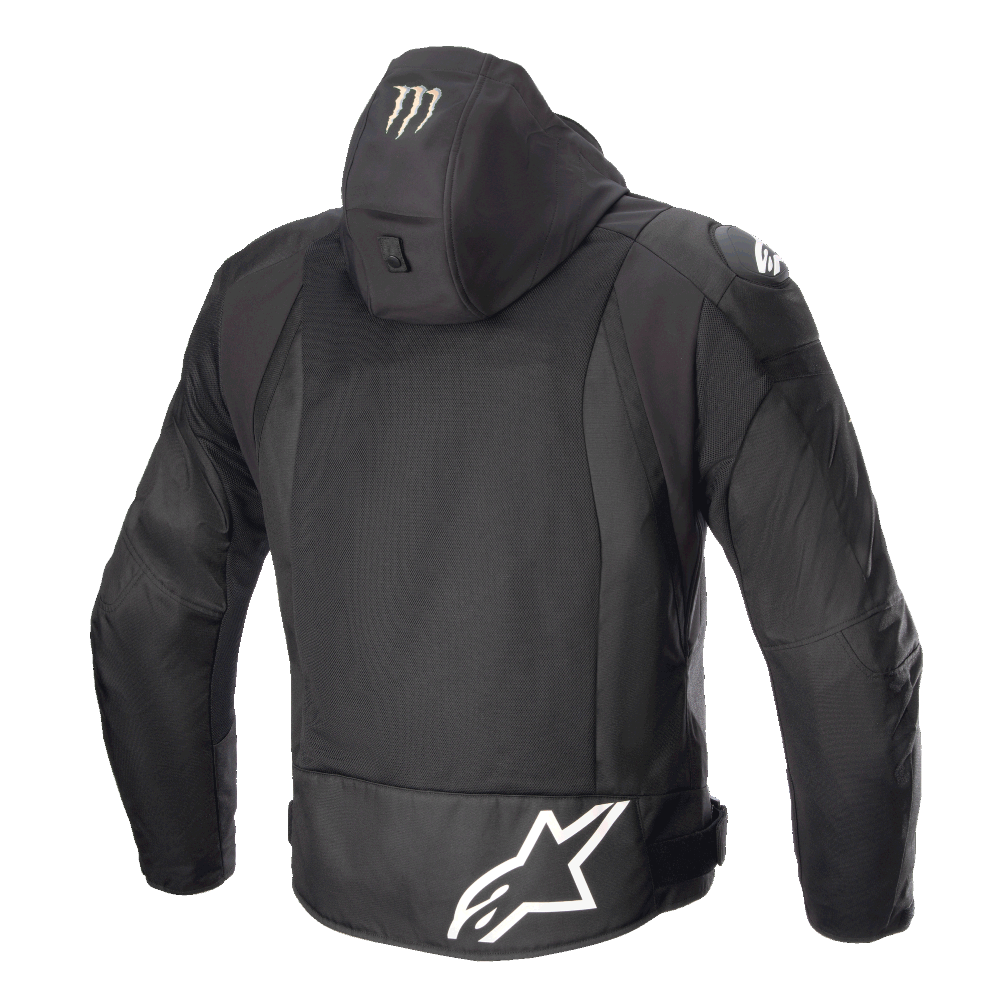 Alpinestars FQ20 Zaca Air Monster jas, textiele motorjas, zwart en wit, achteraanzicht met groot wit Alpinestars-logo op de onderrug, Monster Energy claw-logo op de capuchon, 3D-mesh ventilatiepanelen en DFS Lite schouder-sliders.