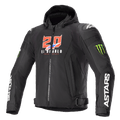 Alpinestars FQ20 Zaca Air Monster motorjas, zwarte textiele motorjas met capuchon, voorzien van rood-witte '20 El Diablo' graphics, groene Monster Energy klauwlogo's, witte ASTARS-branding op de mouwen, DFS Lite schoudersliders, ritssluiting