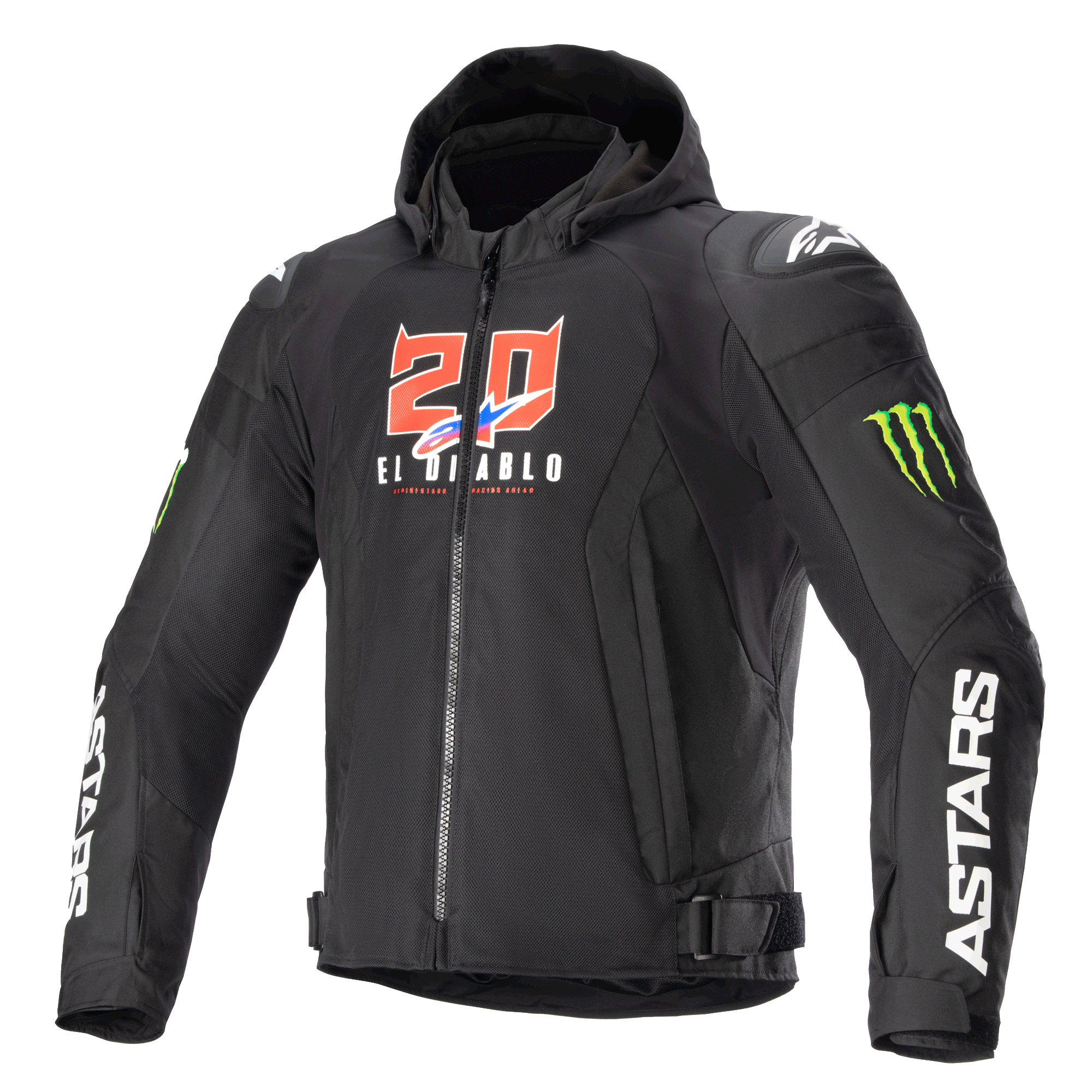 Alpinestars FQ20 Zaca Air Monster motorjas, zwarte textiele motorjas met capuchon, voorzien van rood-witte '20 El Diablo' graphics, groene Monster Energy klauwlogo's, witte ASTARS-branding op de mouwen, DFS Lite schoudersliders, ritssluiting