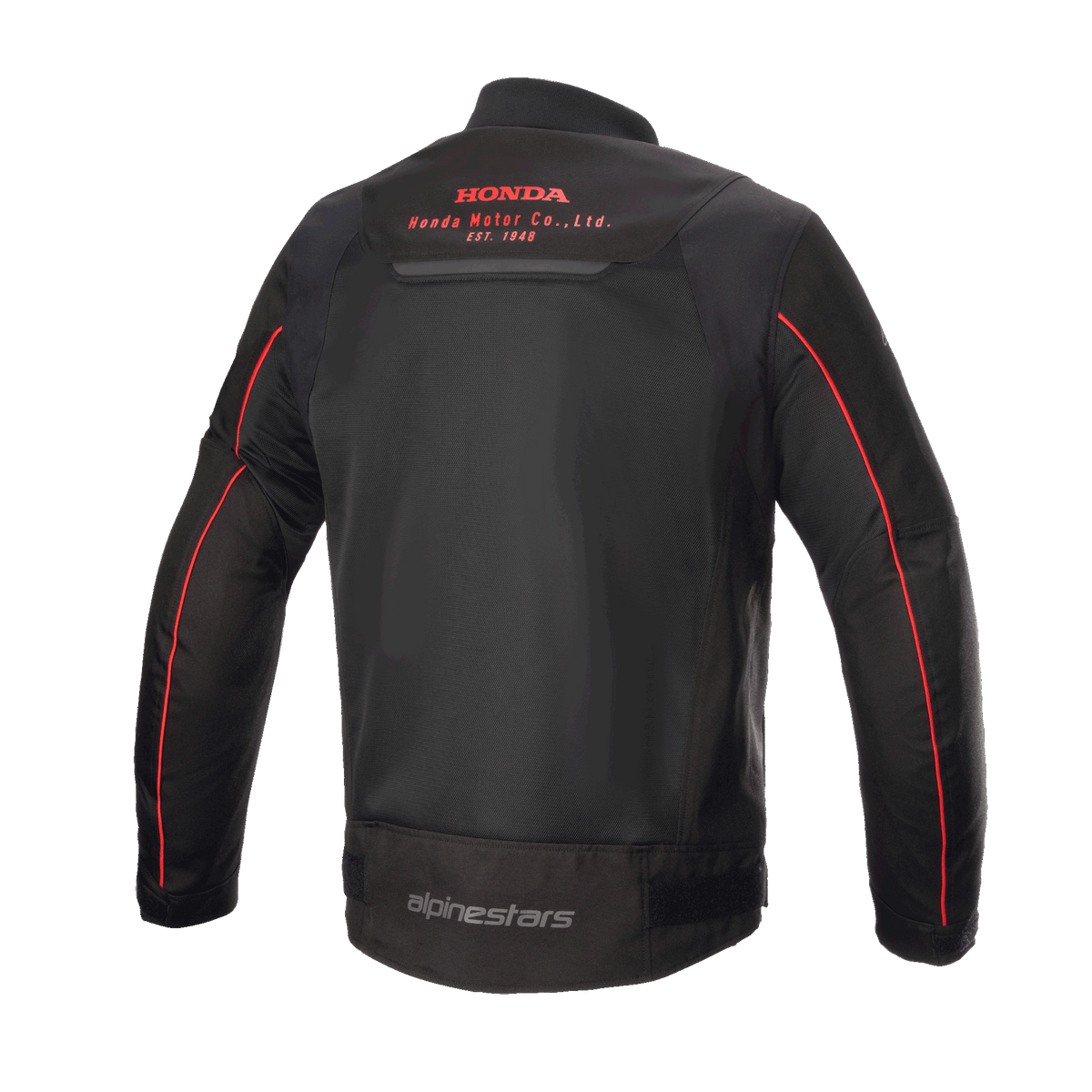 Alpinestars Honda Luc V2 Air Jacket, zwart en rood, achteraanzicht met ademende mesh-panelen, rood Honda Motor Co. logo op de bovenrug, Alpinestars-branding op de onderrug en rode bies op de mouwen, urban motorjas