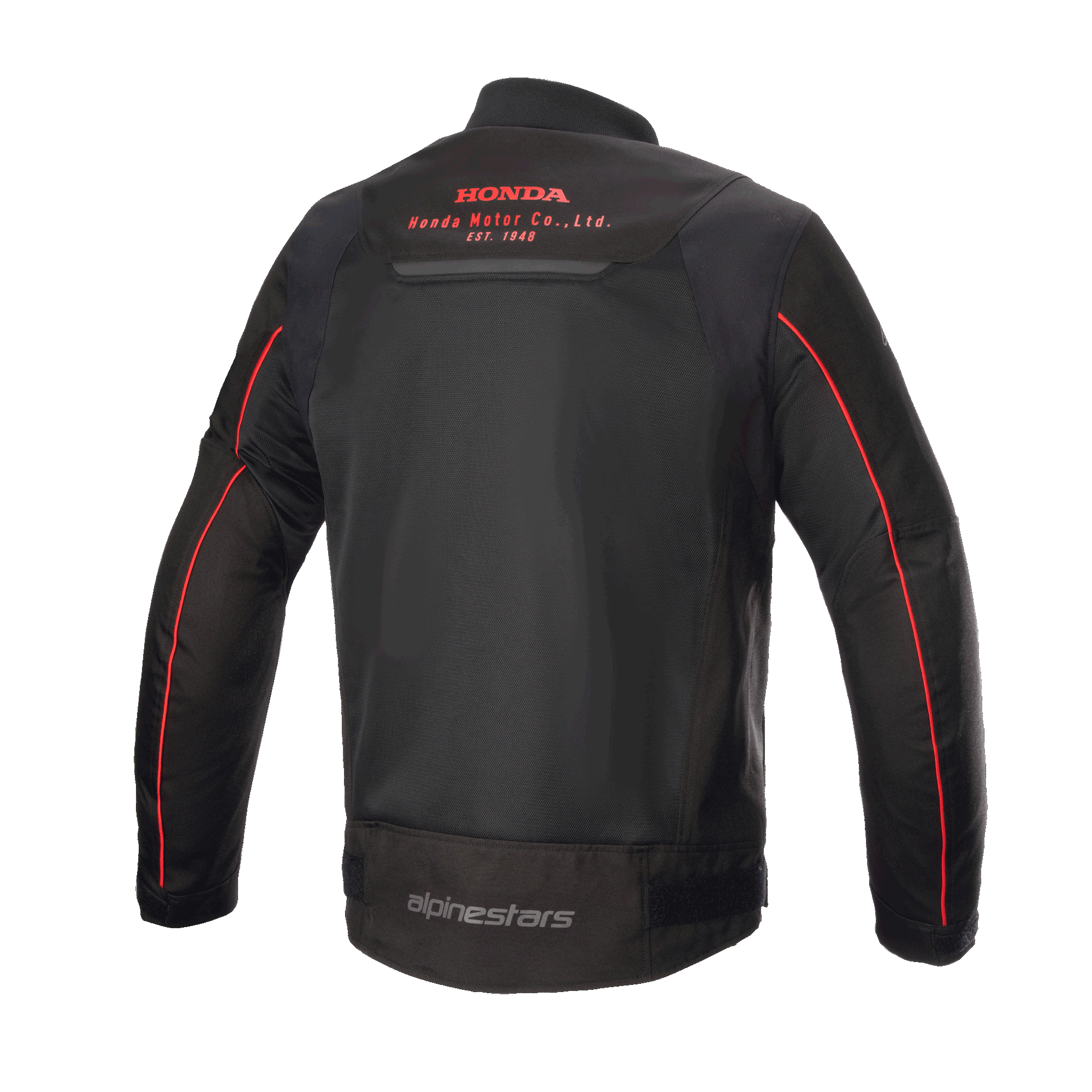 Alpinestars Honda Luc V2 Air Jacket, zwart en rood, achteraanzicht met ademende mesh-panelen, rood Honda Motor Co. logo op de bovenrug, Alpinestars-branding op de onderrug en rode bies op de mouwen, urban motorjas
