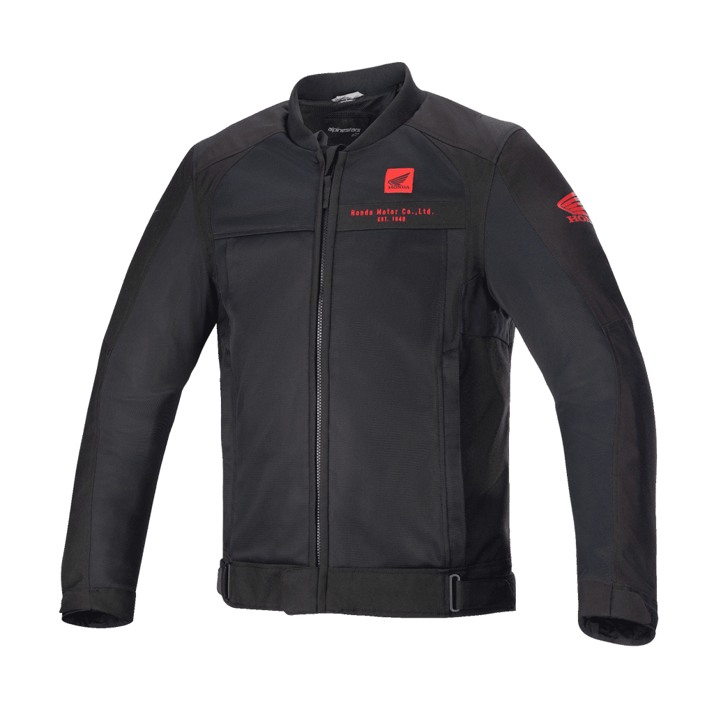 Alpinestars Honda Luc V2 Air Jacket, zwarte motorjas, bomberstijl met mesh-panelen, rood Honda-logo op de borst en mouw, volledige ritssluiting, geribbelde kraag, verstelbare tailleband en manchetten, textielmateriaal voor stedelijk rijden