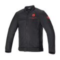 Alpinestars Honda Luc V2 Air Jacket, zwarte motorjas, bomberstijl met mesh-panelen, rood Honda-logo op de borst en mouw, volledige ritssluiting, geribbelde kraag, verstelbare tailleband en manchetten, textielmateriaal voor stedelijk rijden