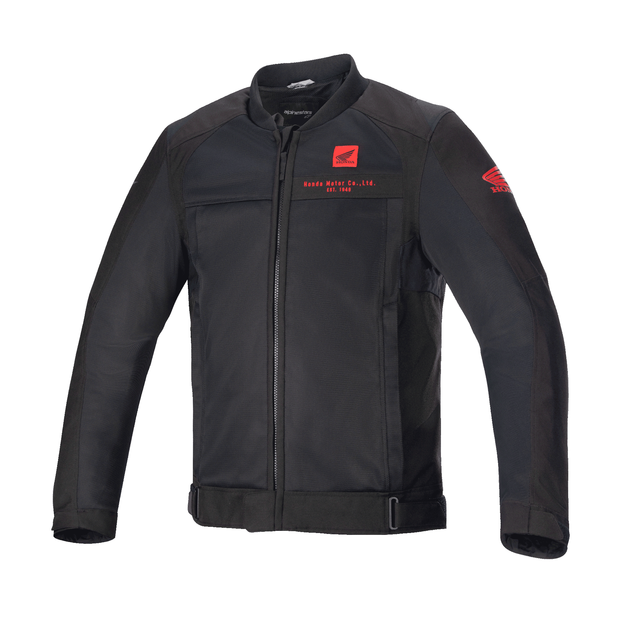 Alpinestars Honda Luc V2 Air Jacket, zwarte motorjas, bomberstijl met mesh-panelen, rood Honda-logo op de borst en mouw, volledige ritssluiting, geribbelde kraag, verstelbare tailleband en manchetten, textielmateriaal voor stedelijk rijden