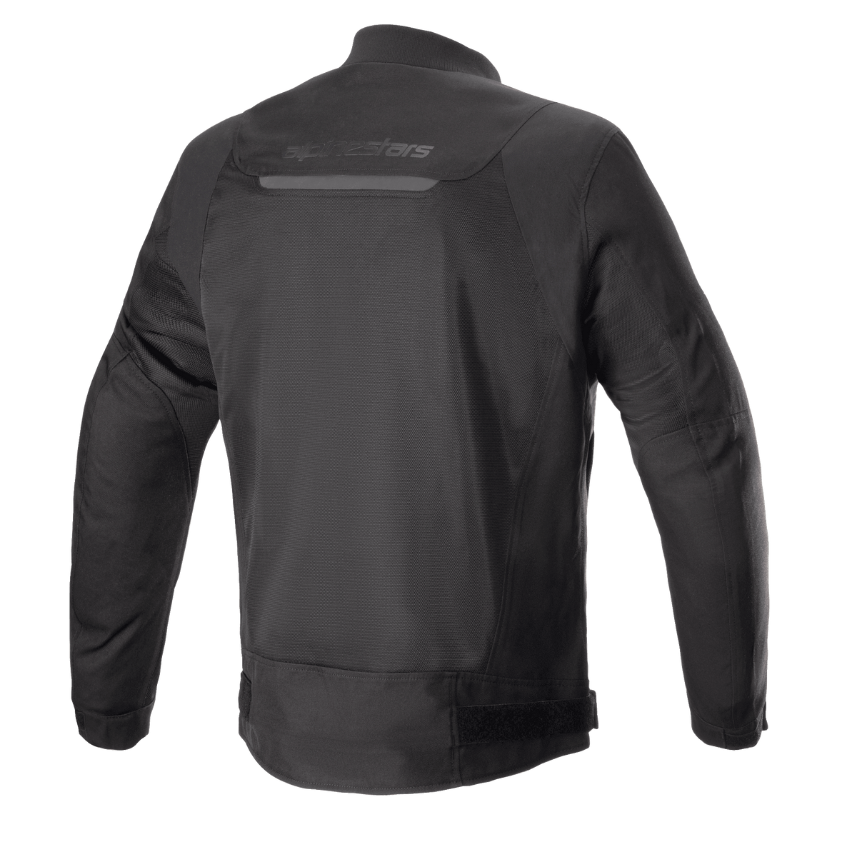 Alpinestars Luc V2 Air Jacket, zwart, achteraanzicht van een urban bomber-stijl motorjas met uitgebreide mesh-panelen voor luchtstroom, een reflecterende strip op de bovenrug en verstelbare taillebanden