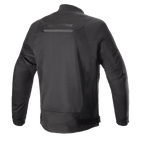 Alpinestars Luc V2 Air Jacket, zwart, achteraanzicht van een urban bomber-stijl motorjas met uitgebreide mesh-panelen voor luchtstroom, een reflecterende strip op de bovenrug en verstelbare taillebanden