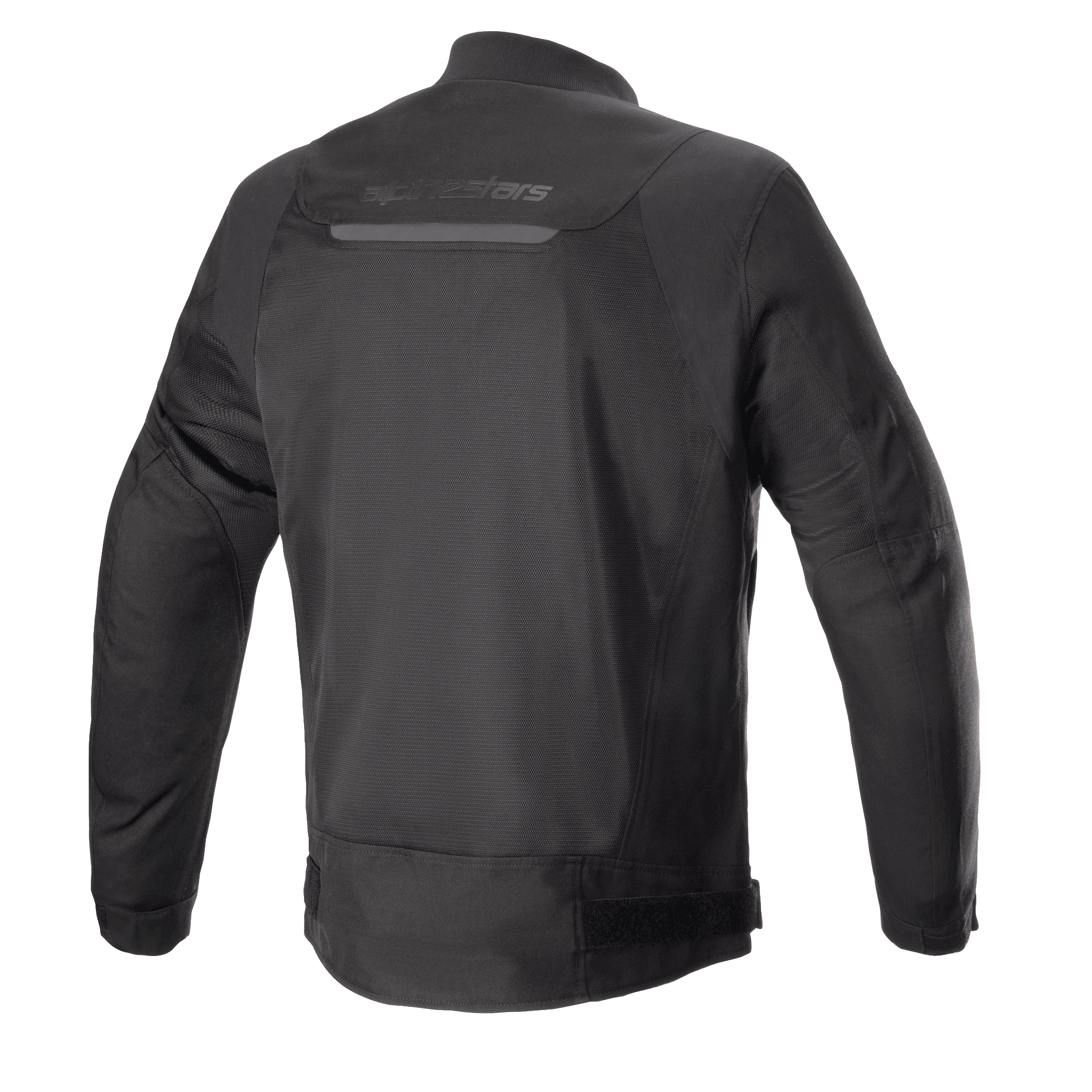 Alpinestars Luc V2 Air Jacket, zwart, achteraanzicht van een urban bomber-stijl motorjas met uitgebreide mesh-panelen voor luchtstroom, een reflecterende strip op de bovenrug en verstelbare taillebanden