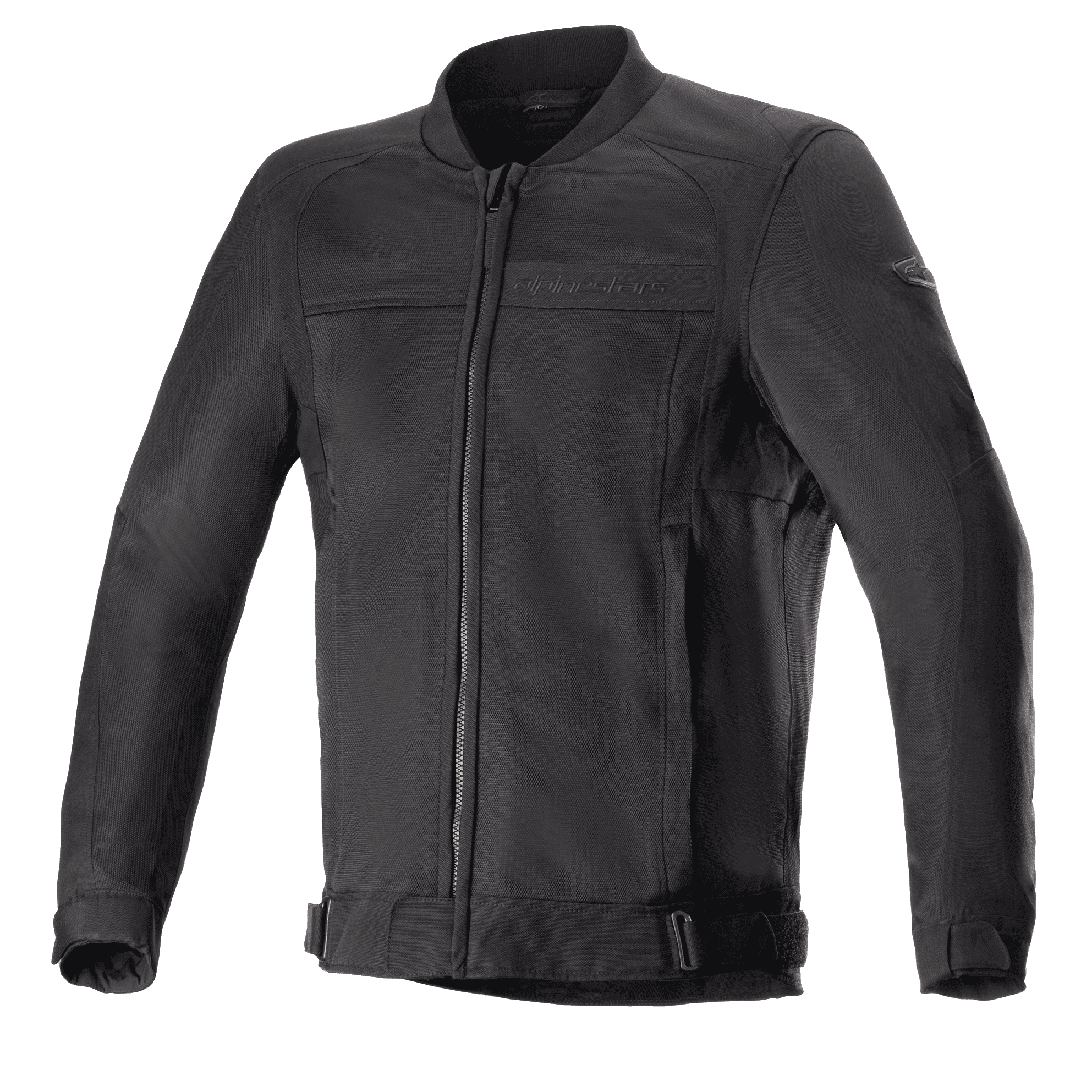 Alpinestars Luc V2 Air Jacket, zwarte motorjas, bomberstijl met ritssluiting en geribbelde kraag, verstelbare taillebandjes, meshpanelen voor ventilatie, subtiele logo-details op de borst en mouw, duurzame textielstof voor stedelijk gebruik