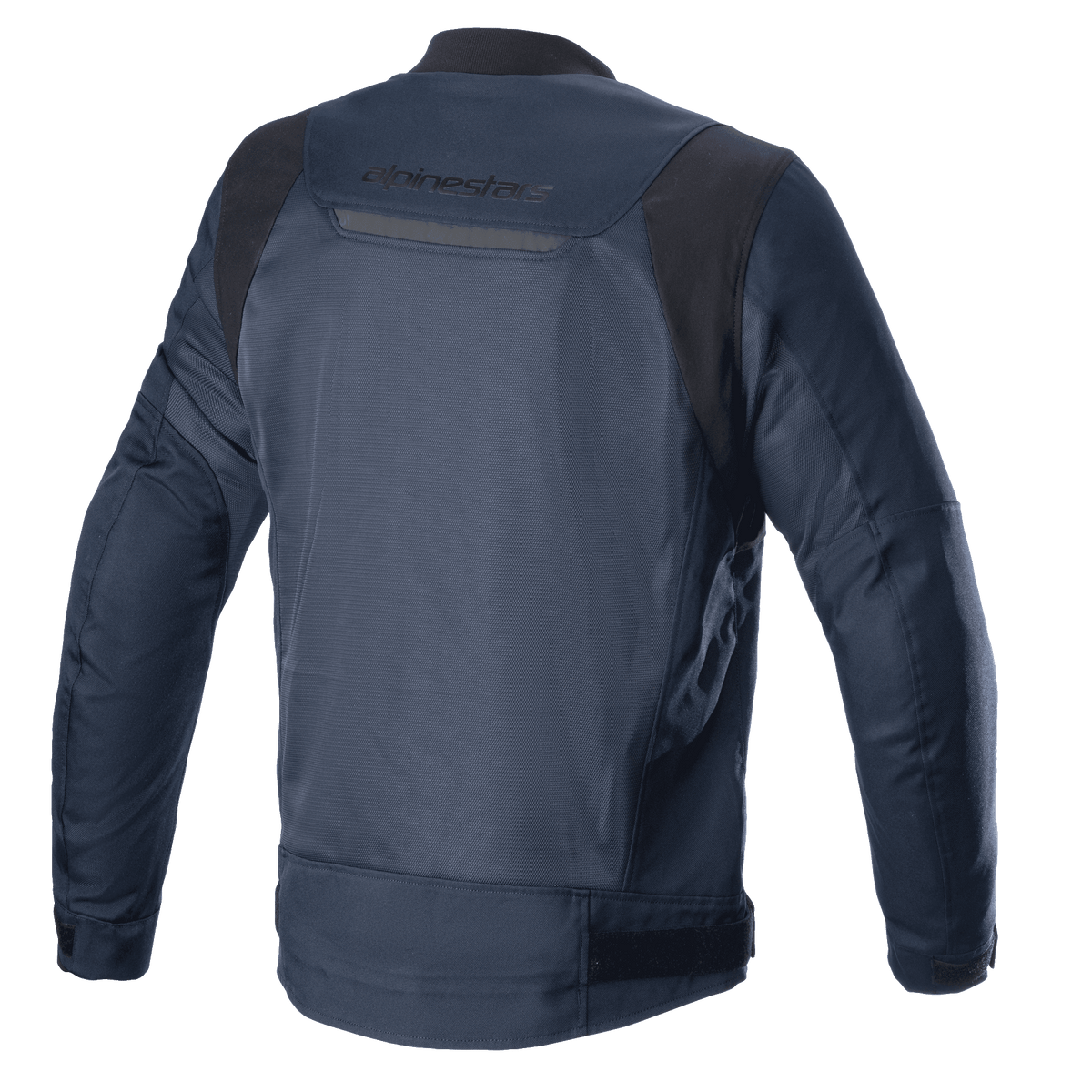 Alpinestars Luc V2 Air Jacket, Navy Black, achteraanzicht, voorzien van mesh panelen voor luchtstroom, reflecterend detail en Alpinestars branding op de bovenrug, textiele motorjas in bomberstijl