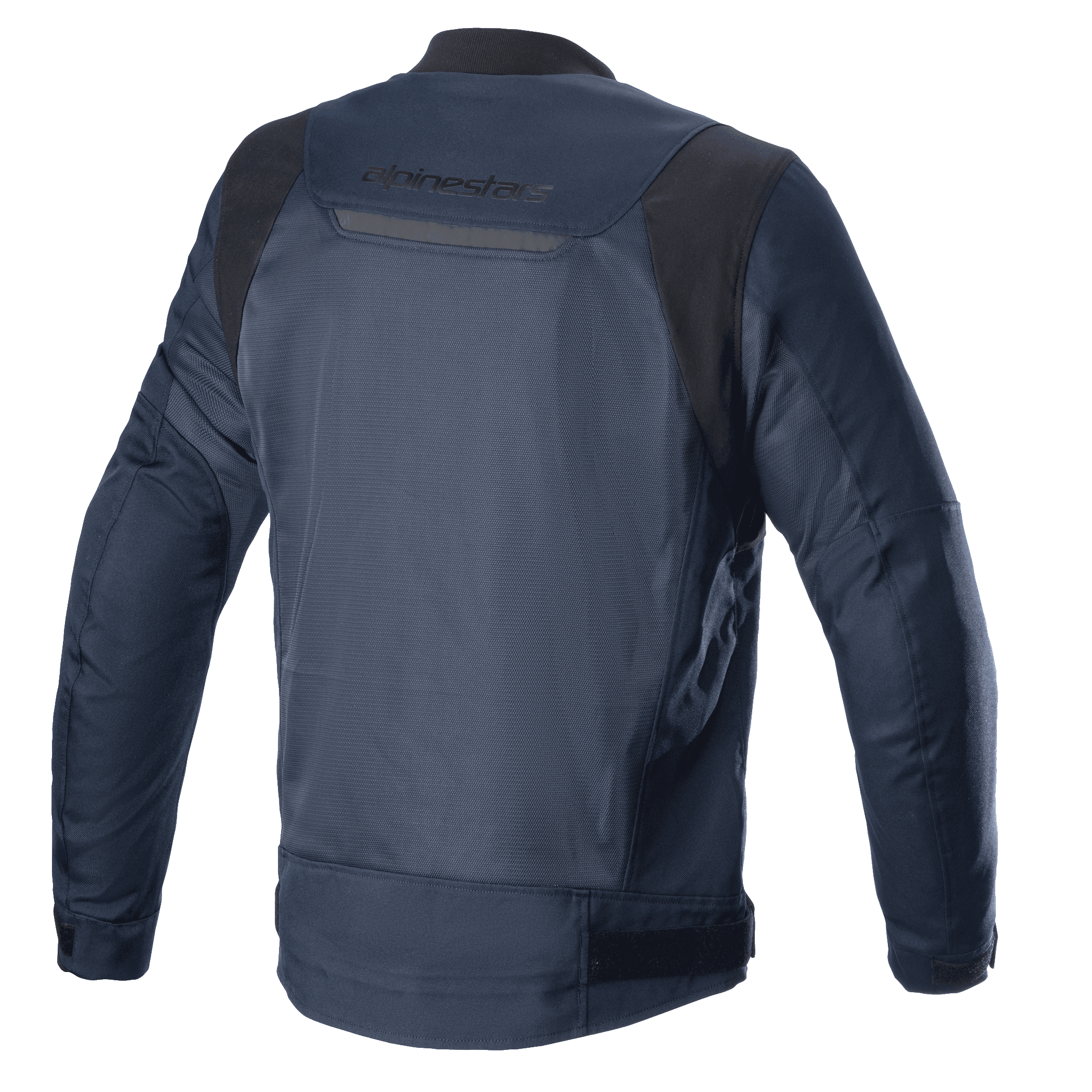 Alpinestars Luc V2 Air Jacket, Navy Black, achteraanzicht, voorzien van mesh panelen voor luchtstroom, reflecterend detail en Alpinestars branding op de bovenrug, textiele motorjas in bomberstijl