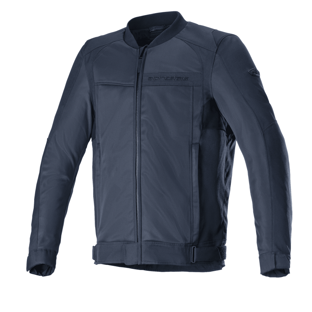 Alpinestars Luc V2 Air Jacket, urban motorjas, Navy Black, bomber-stijl ontwerp met ritssluiting aan de voorzijde, uitgebreide mesh-panelen voor optimale luchtstroom, verstelbare taillebandjes en subtiele branding op de borst