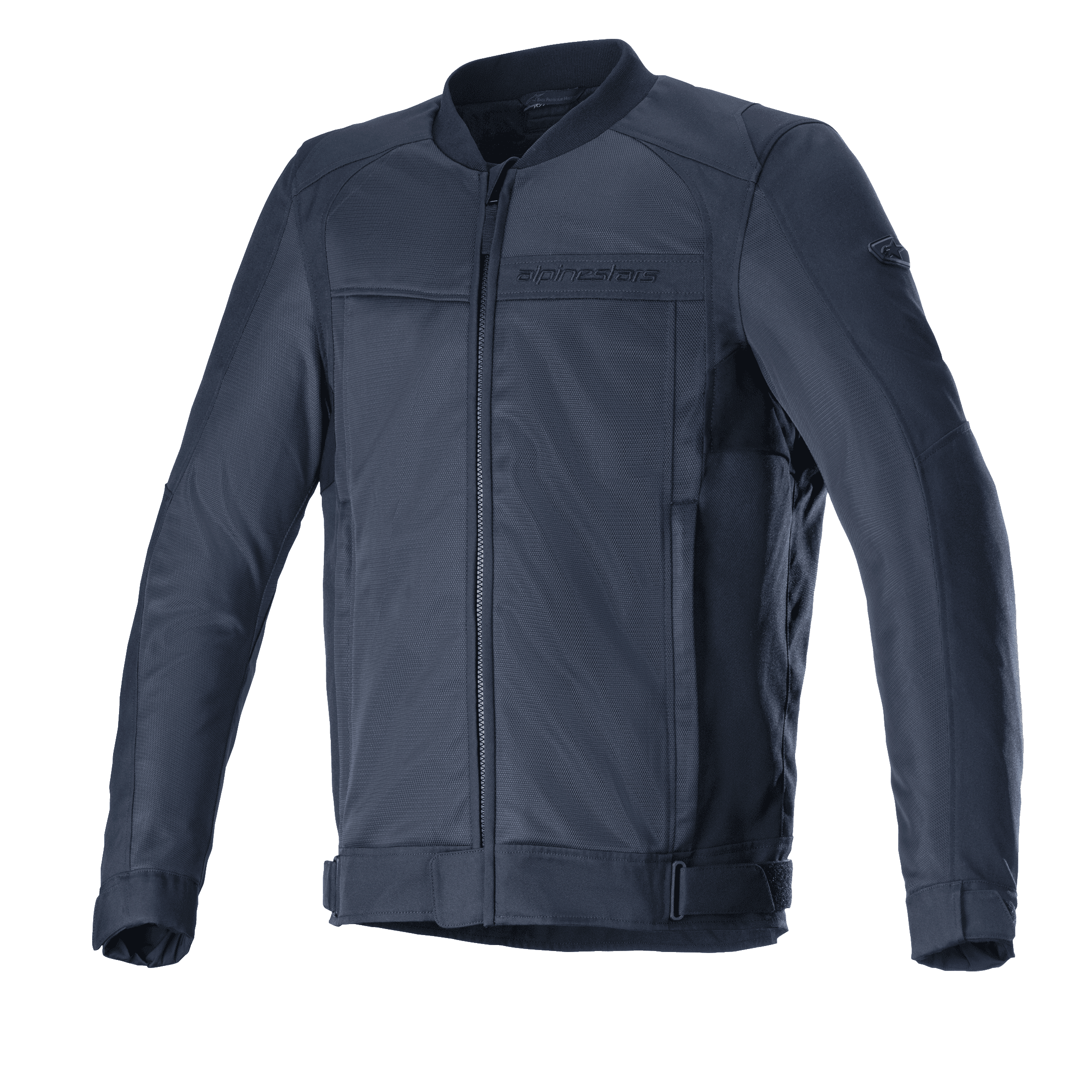 Alpinestars Luc V2 Air Jacket, urban motorjas, Navy Black, bomber-stijl ontwerp met ritssluiting aan de voorzijde, uitgebreide mesh-panelen voor optimale luchtstroom, verstelbare taillebandjes en subtiele branding op de borst