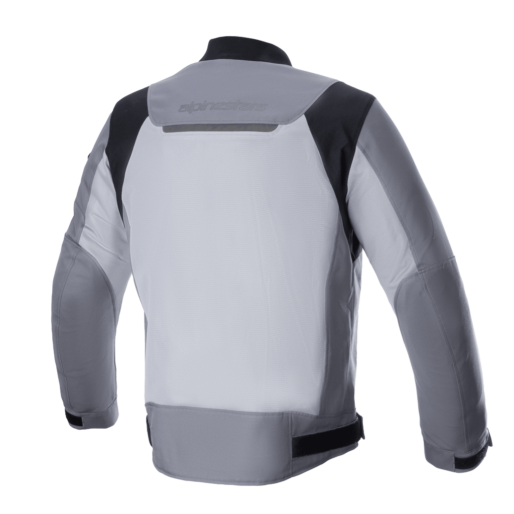 Alpinestars Luc V2 Air Jacket, textiele motorjas, donkergrijs en middengrijs, achteraanzicht met groot geventileerd mesh-paneel, zwarte schouderaccenten en reflecterende branding op de bovenrug